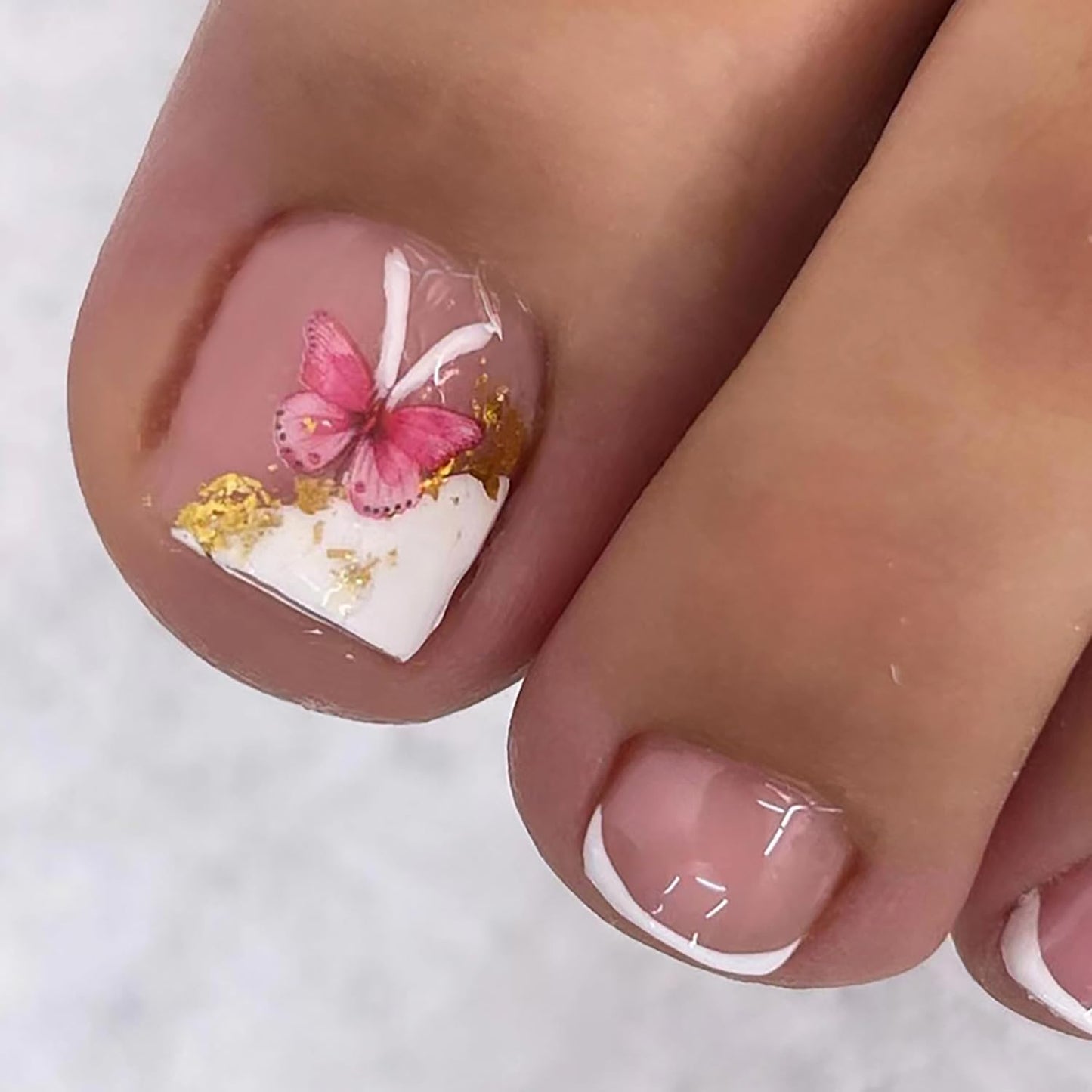 Press On Coffin Toenails with Butterfly Designs, Full Cover Reusable False Nails with Glue, Artificial Acrylic Fake Nails for Toe, Glue on Toenails with Charm, Stick on Toe Nails for Women (F097)