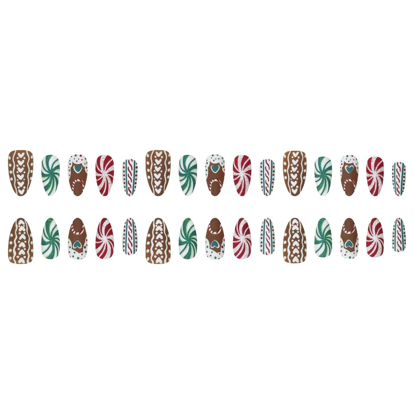 30Pcs Christmas Press on Nails Medium Almond Fake Nails Christmas Red and Green Spiral Heart Pattern Brown Striped Press on Xmas False Nails Handmade Stick on Nails for Women DIY