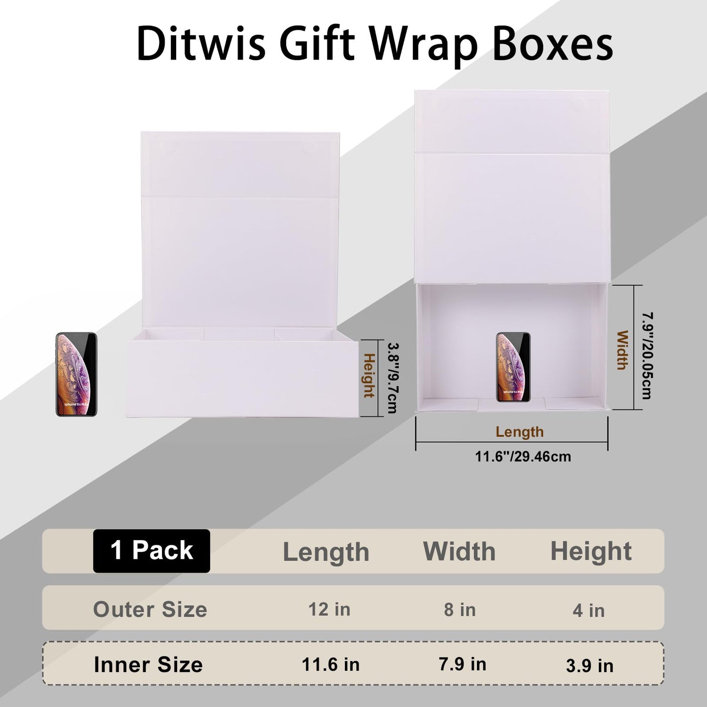 Ditwis 12x8x4 Inches Gift Box with Magnetic Closure Lid, White Magnetic Box for Wedding, Groomsmen Bridesmaid Proposal, Birthdays, Mother's Day, 1 Pack