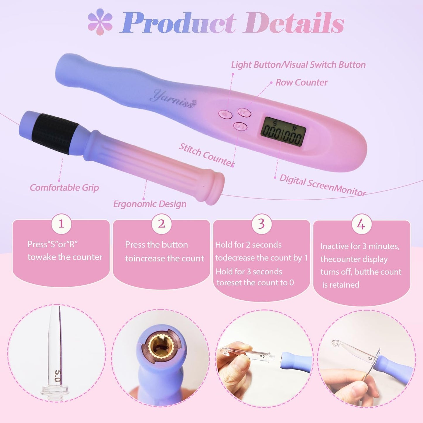 Yarniss 22 in 1 Lighted Counting Crochet Hook Set with Spiral Handle 2.0~14.0mm,Rechargeable Light Up Crochet Hook with Stitch Counter & Case,Gradiant Purple