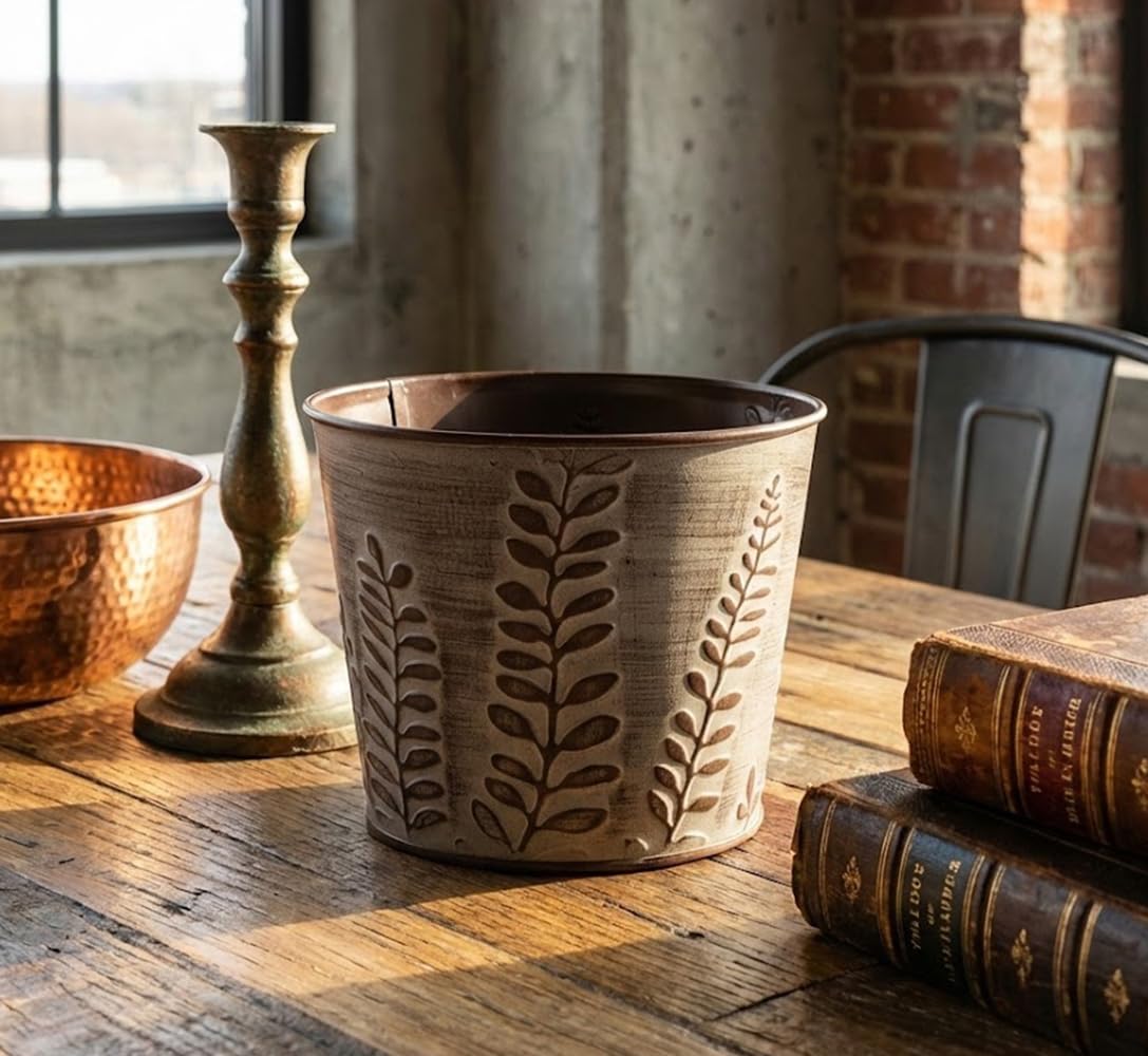 Napco Imports Fern Leaf Embossed 6 x 7 Inch Distressed Brown Metal Cache Plant Pot Cover with Removable Hard Plastic Liner
