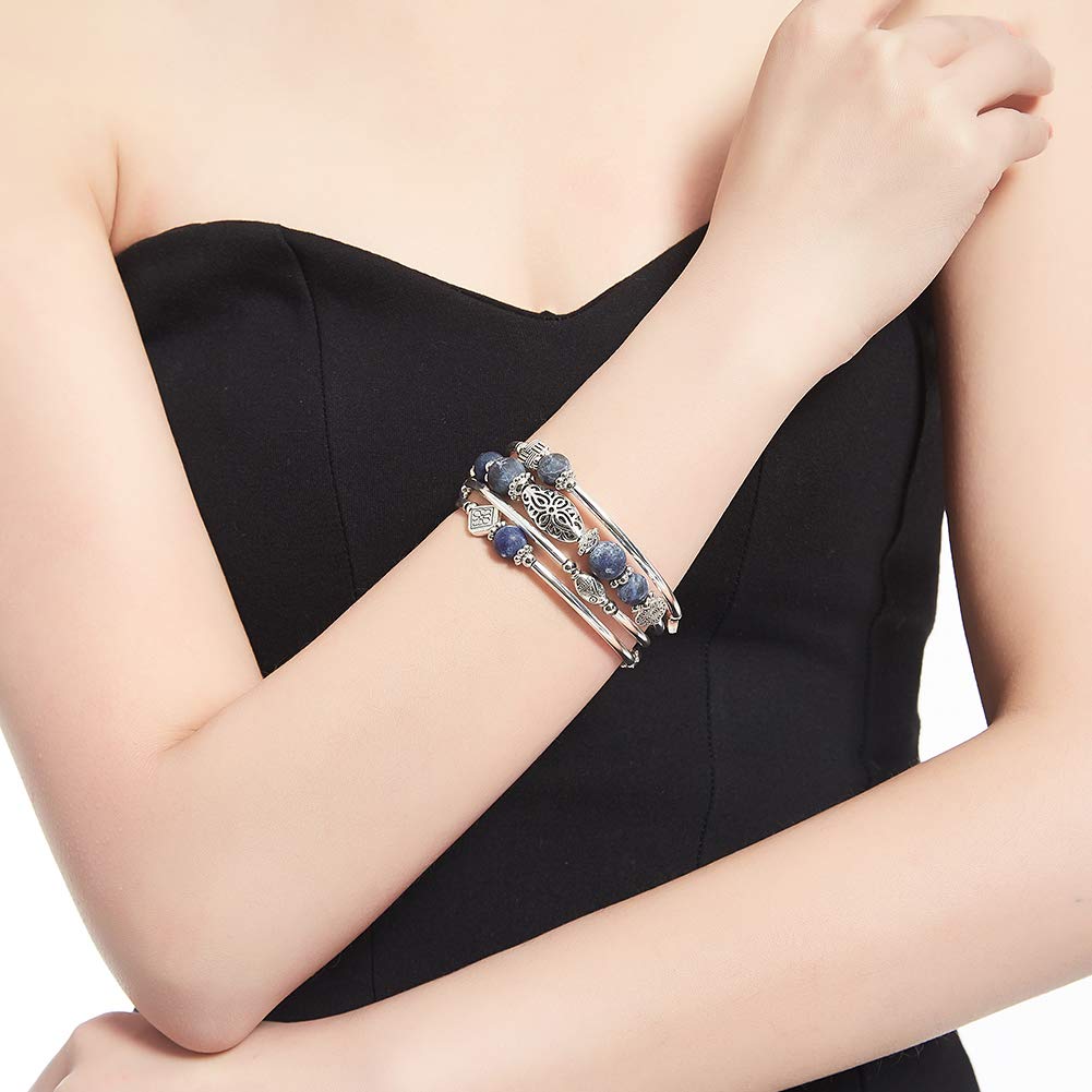 BULINLIN Layered Wrap Bangle Turquoise Bracelet - Bead Bracelet with Natural Agate Stone, Gifts For Women (04-Navy blue)