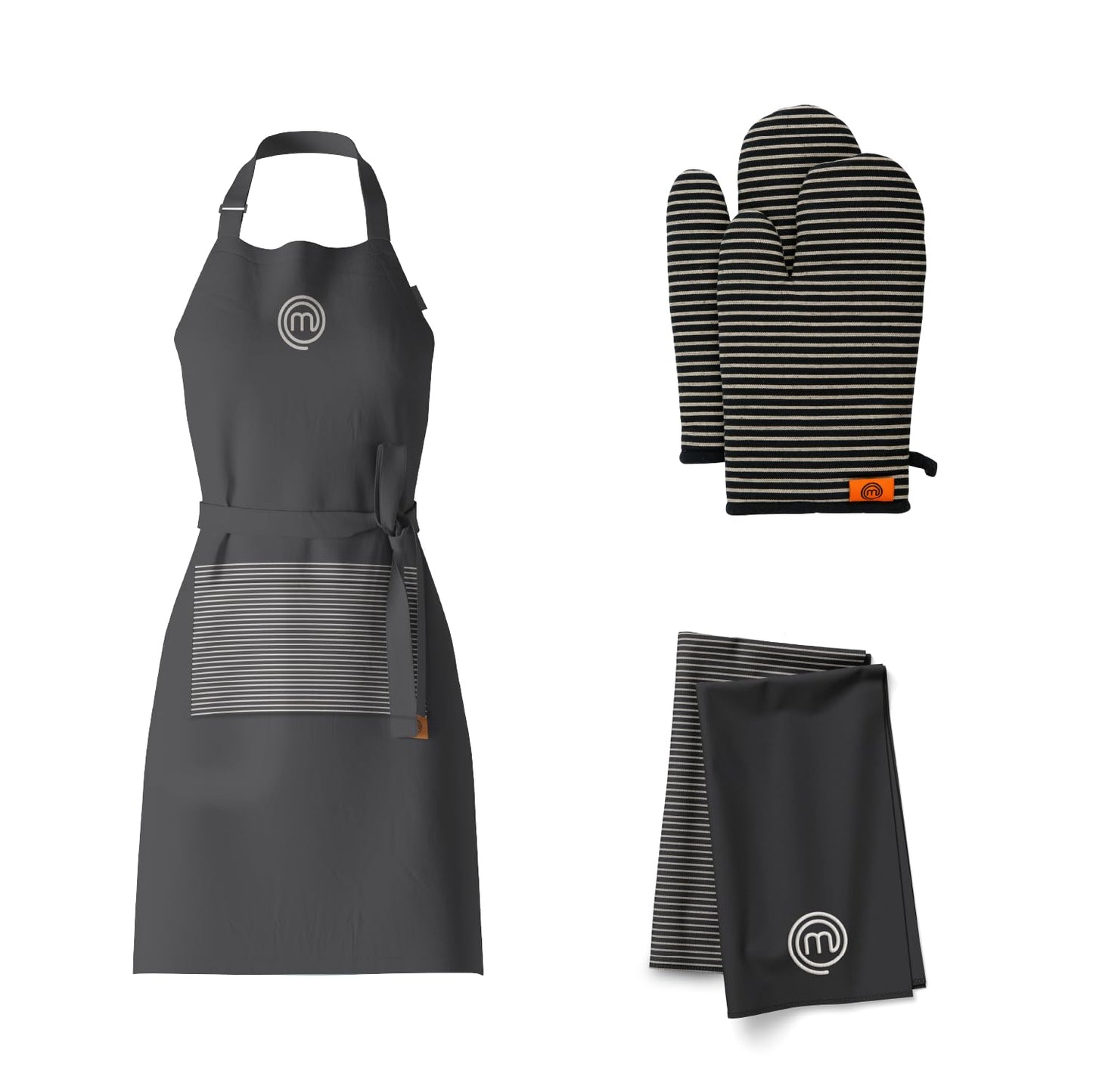 MasterChef Kitchen Set of Cooking Gifts for Men & Women, 5pc Set includes Chef Apron, Pair of Oven Mitts & 2 x Kitchen Towels, Premium Quality Cotton with Official Logo, Elite Black