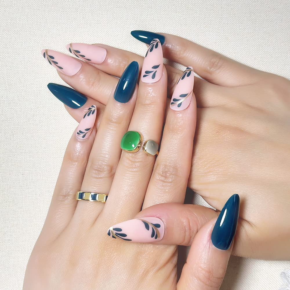 24 Pcs Press on Nails Medium,Lucoffeoi Almond Fake Nails with Nail Glue Almond and Square on Nails Set with Adhesive Tabs File Nails Tips for Women Girls Kids