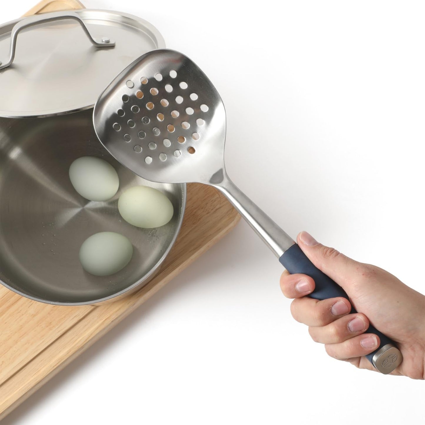 Calphalon Edge Stainless Steel Slotted Spoon/Skimmer with Navy Blue Handle, Slotted Cooking Tool for Draining and Skimming, Heat-Resistant, Durable Kitchen Utensil for Everyday Use