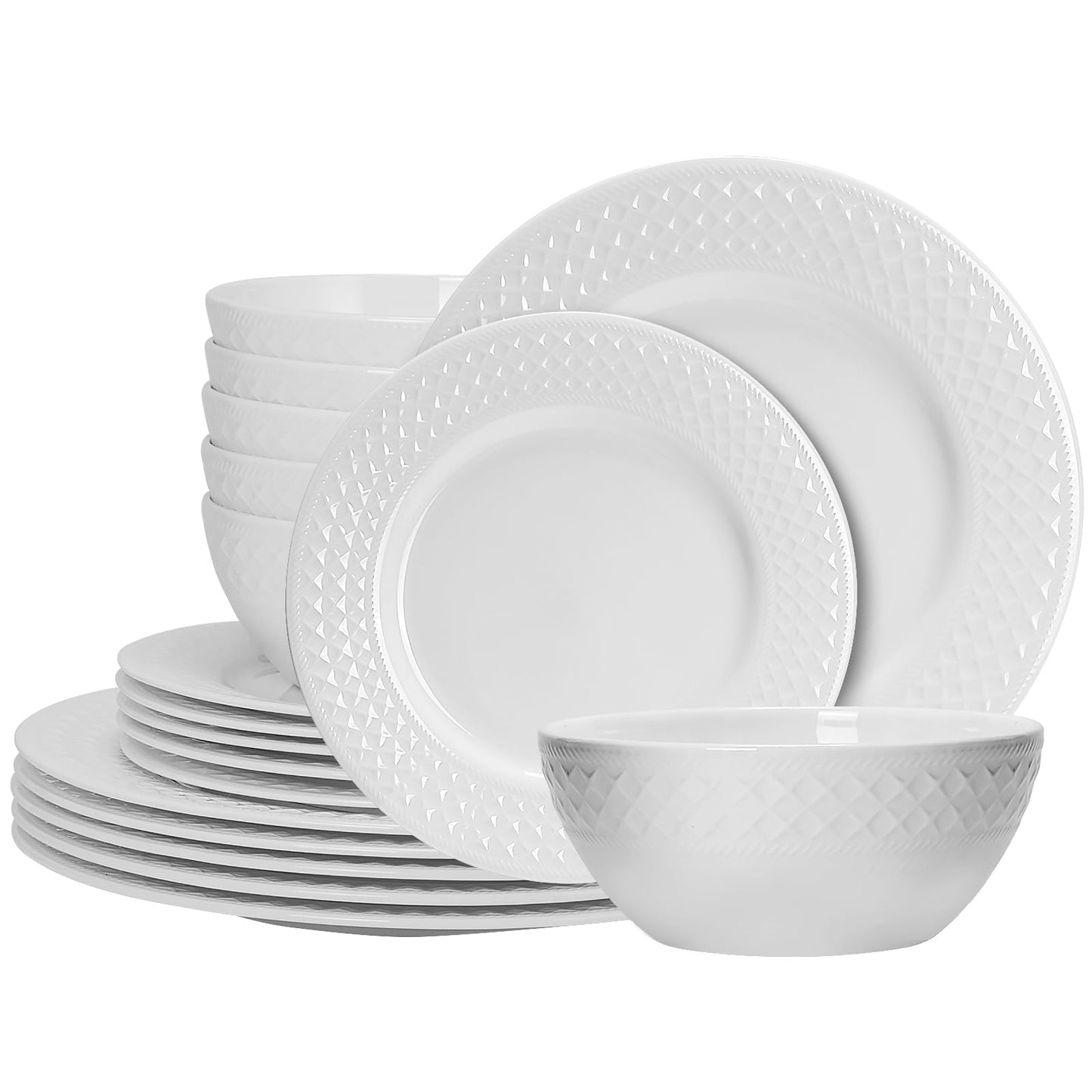 QUANSHANGJU 18-Piece Bone China Dinnerware Set for 6, White Porcelain Plates and Bowls with Textured Design, Lightweight Microwave Dishwasher Safe for Family Dining