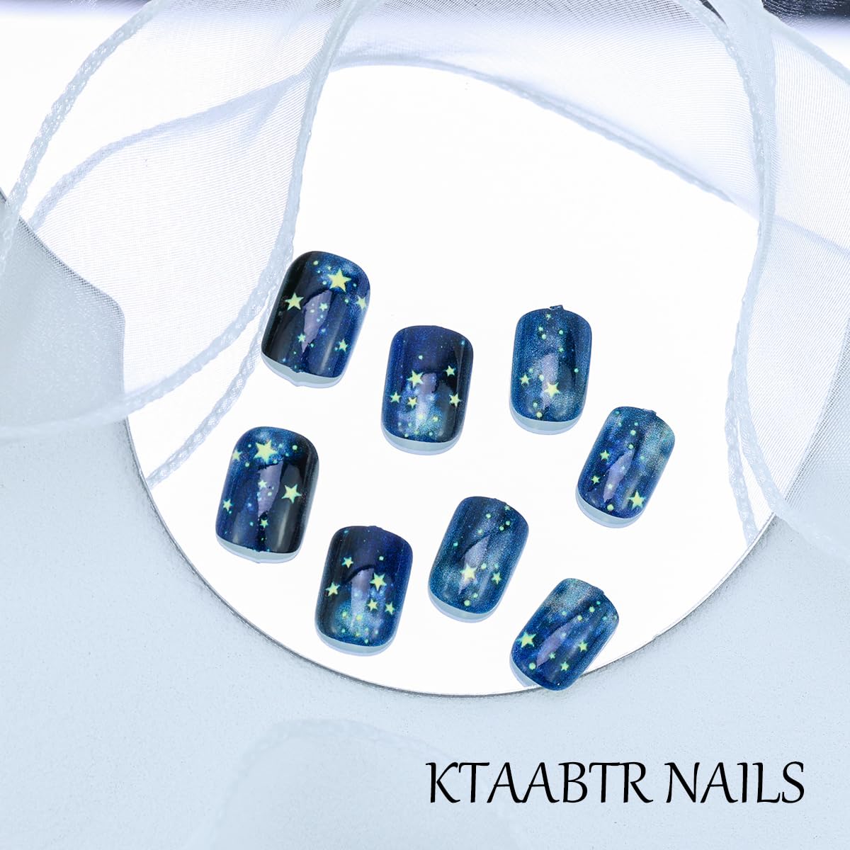 Starry Sky Press on Nails Short Square Dark Blue Fake Nails with Stars Design Reusable Artificial Nails Coffin Shape False Nails Full Cover Glossy Acrylic Nails for Women Manicure 24PCS