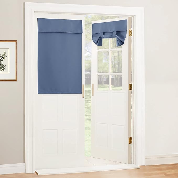 RYB HOME Blackout Door Curtain - Privacy Thermal Insulated Front/Tricia/Patio French Door Window Curtains Sidelight Curtain Tie up Shade, W34 x L40 inch, 1 Panel, Stone Blue