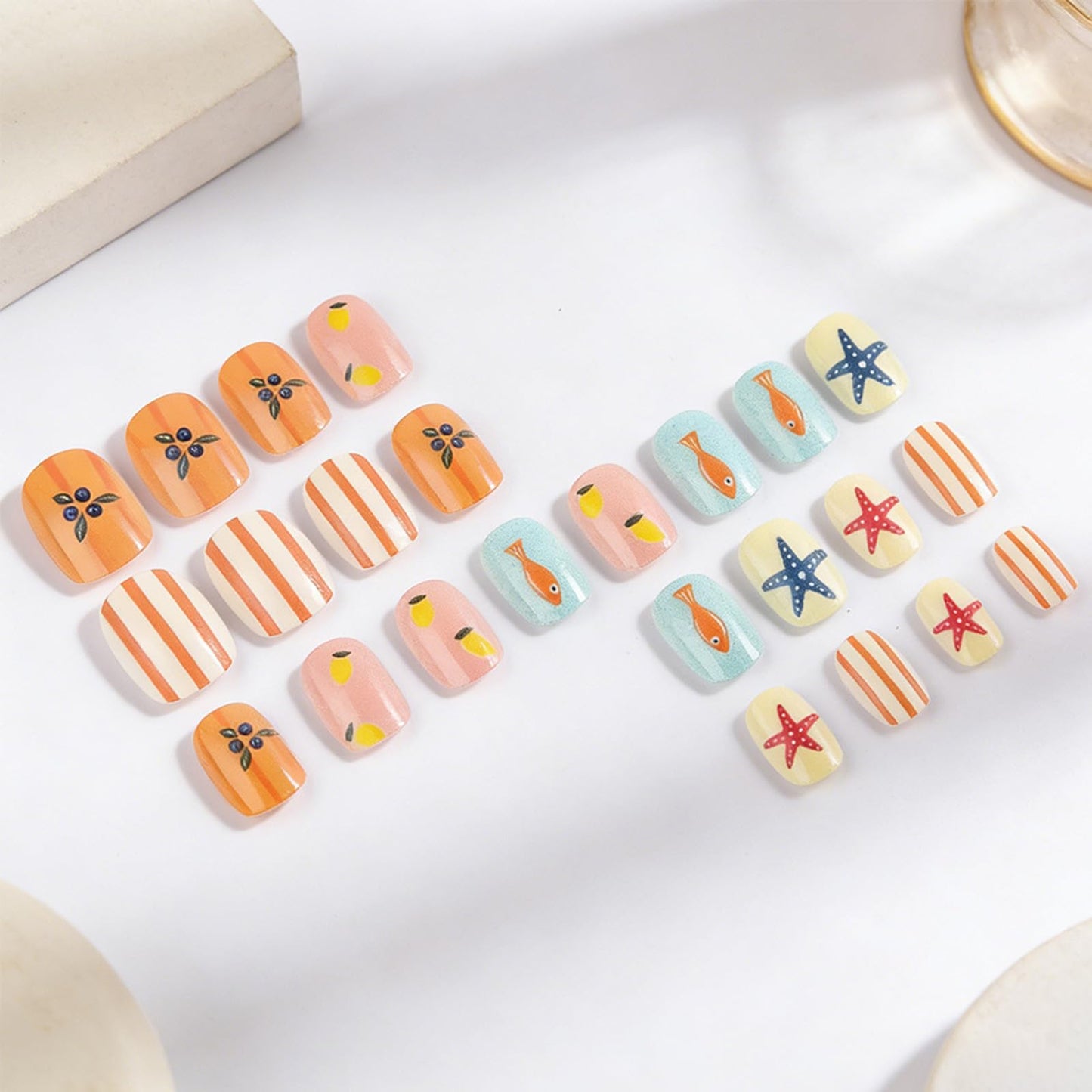 Short Square Press on Nails Summer Colorful Fake Nails with Starfish Blueberry Lemon Stripes Design Cute Cartoon False Nails Glossy Stick on Nail Artificial Glue on Nails for Women 24Pcs