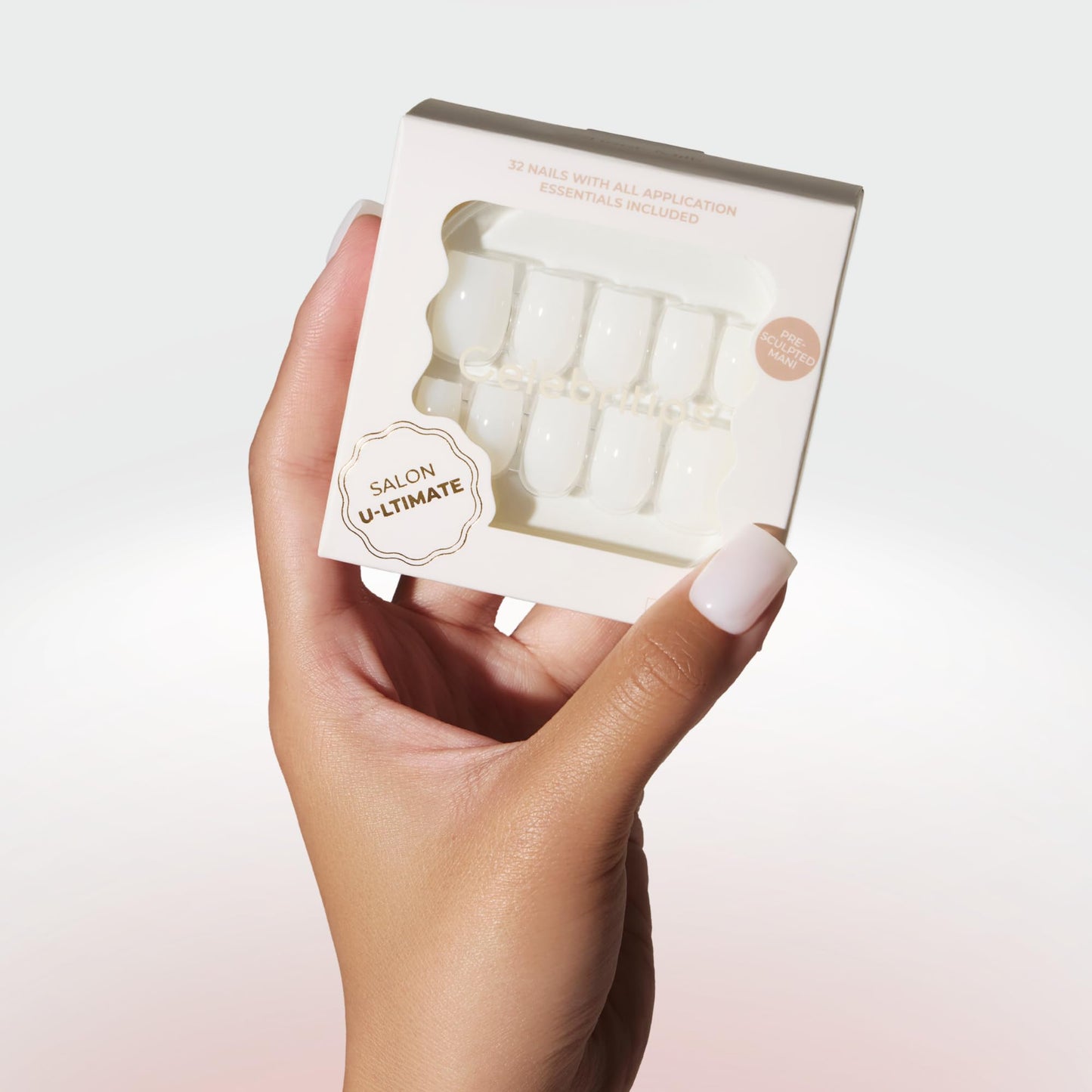 Celebritips Press On Nails - Salon U-ltimate™ | Sheer Milk, Short Coffin Nails, Reusable | 16 sizes - 32 Nails Kit with Glue and Sticky Tabs