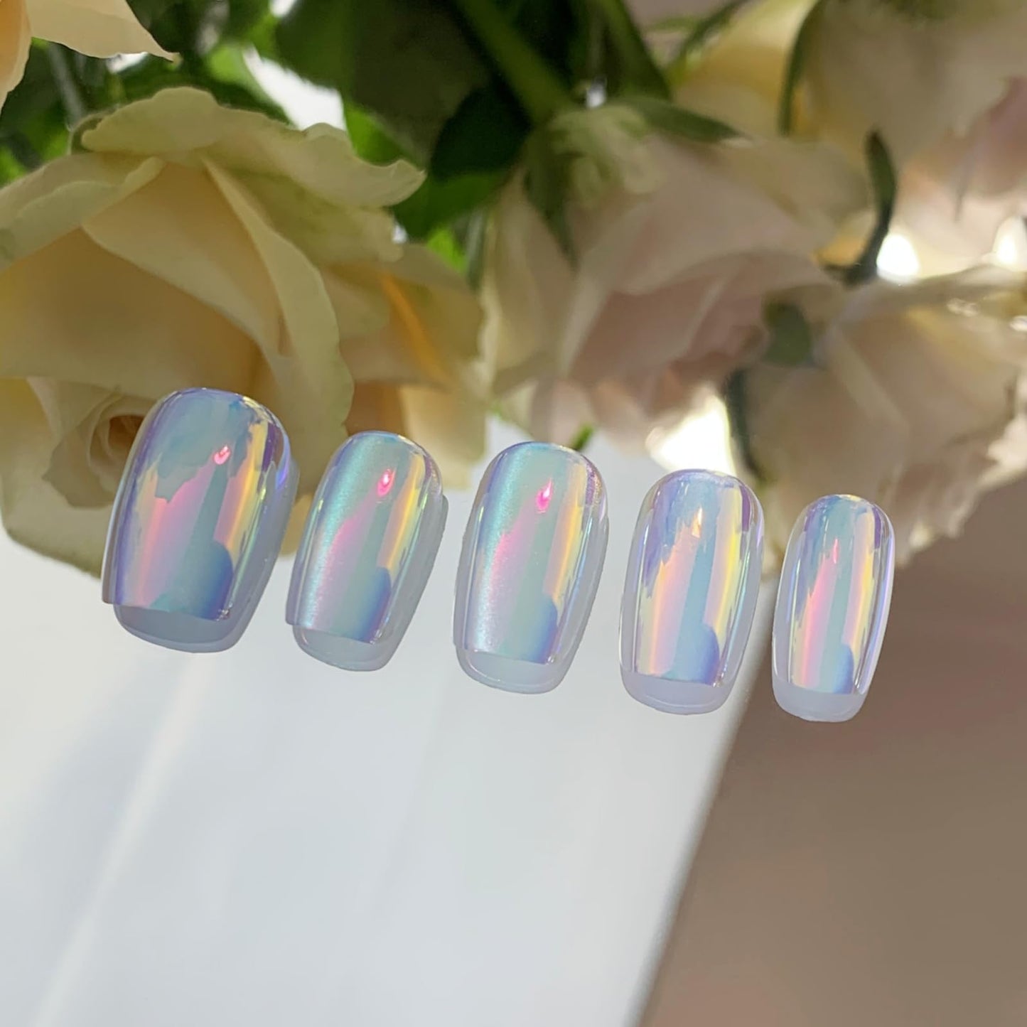Incantevole Cat's Eye Press On Nails (30PCS；SIZE：XS-S-M), Short Square Fake Nails, Handmade Nails, Gradient Coated False Nail Tips (Mirror Finish Blue-Pink)