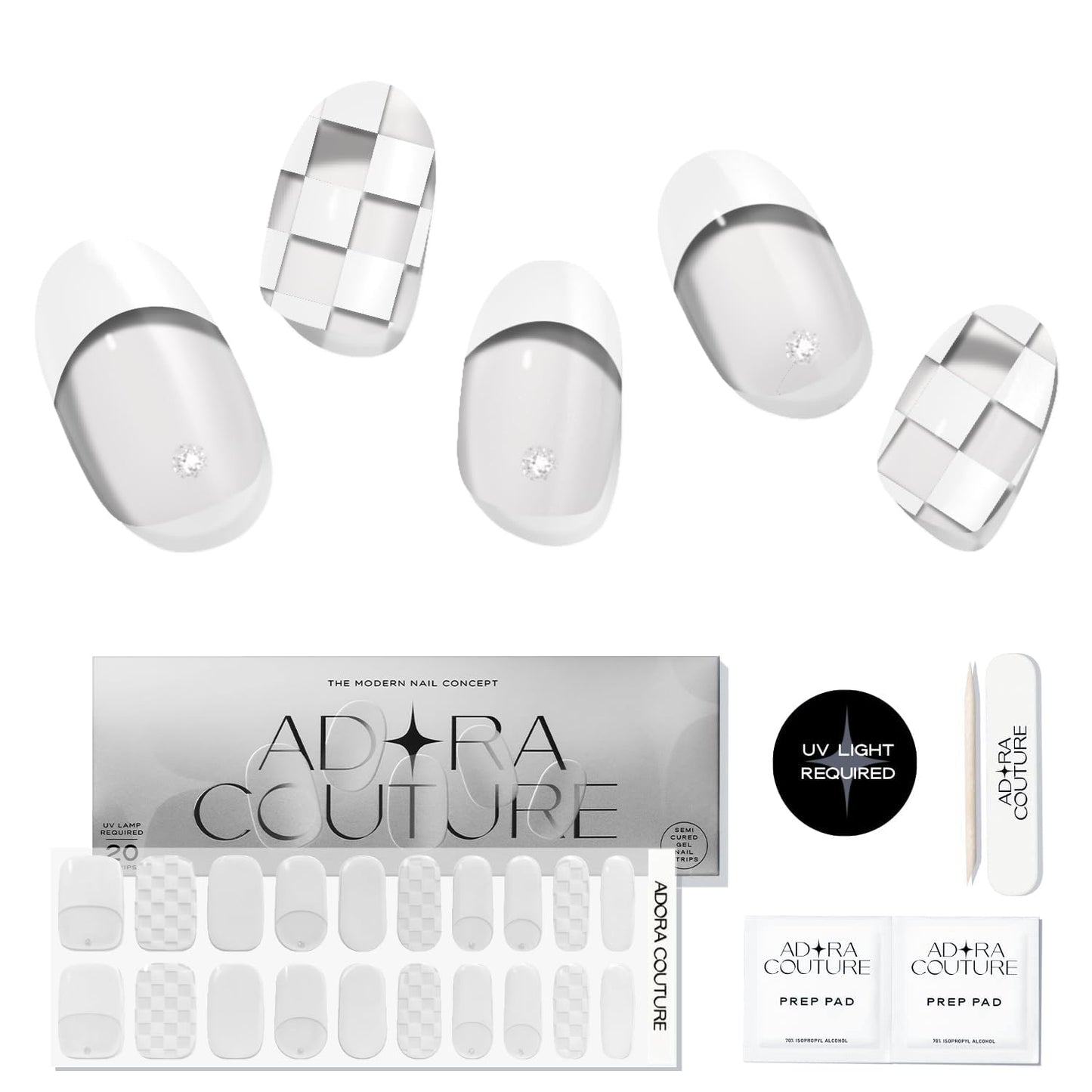 Adora Couture Semi Cured Gel Nail Strips with 20 Pieces - UV Gel Stickers, Manicure Kit, Easy Application Wraps Includes Prep Pads, Nail File, Wooden Stick - UV Light Required (Check White)