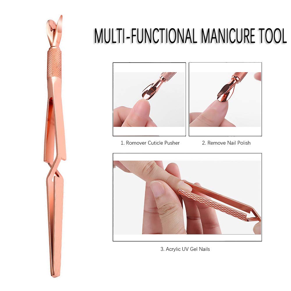 SILPECWEE 2Pcs Nail Pinching Tool C Curve Nail Extension Clips Metal Cuticle Pusher Nail Scraper Gel Nail Polish Remover False Nails Shaping Tweezers Multi-Function Manicure Tools (Rose Gold)