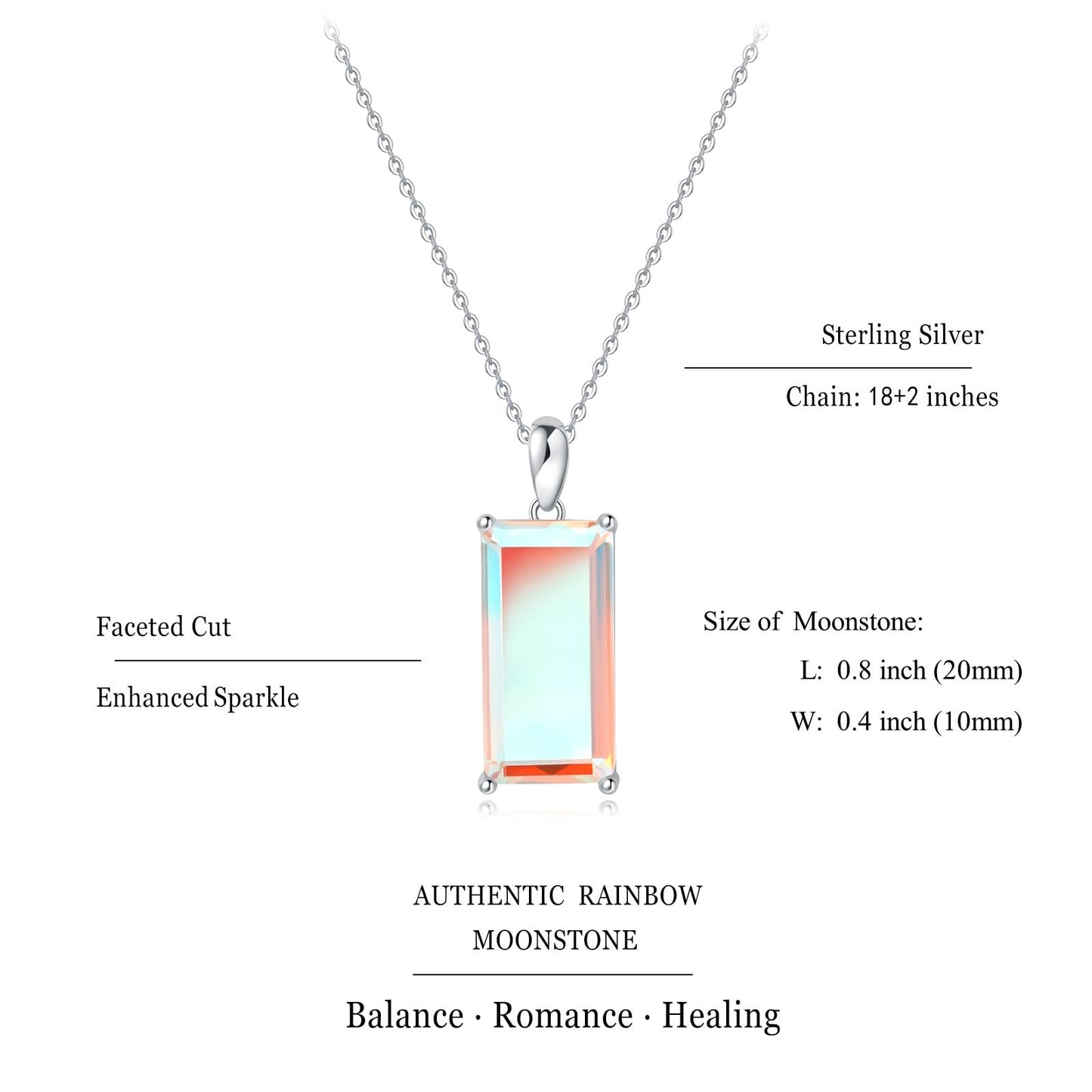 EVERLEAD Healing and Romantic Rainbow Moonstone Necklace for Women - Big Authentic Moonstone - Premium Sterling Silver Chain & Diamond Cutting - Light Luxury Gift for Women. (Classic Style)