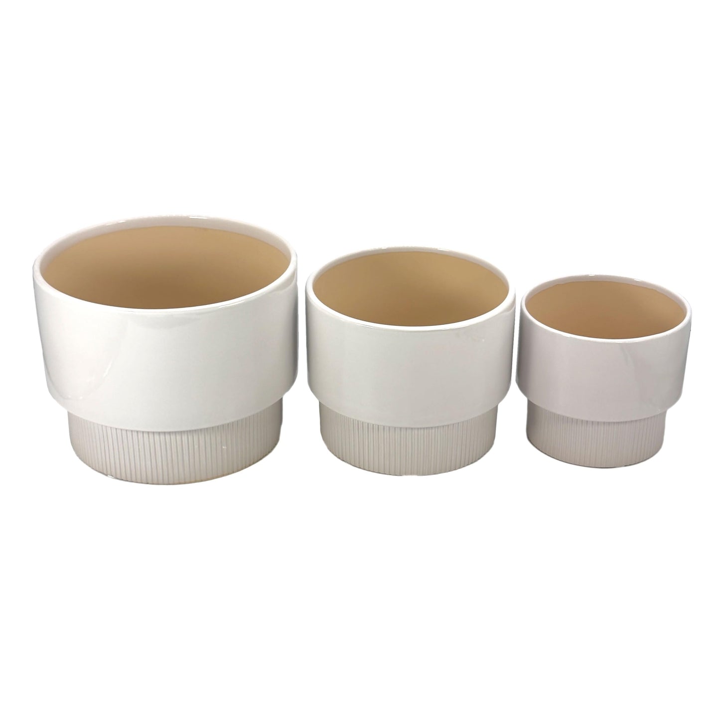 Galt International Set of 3 (8", 10", 12") Mid Century Modern Off White Flat Ribbed Ceramic Planter Pots Flower Pot Indoor House Plants Decor w/Drainage Hole & Plug