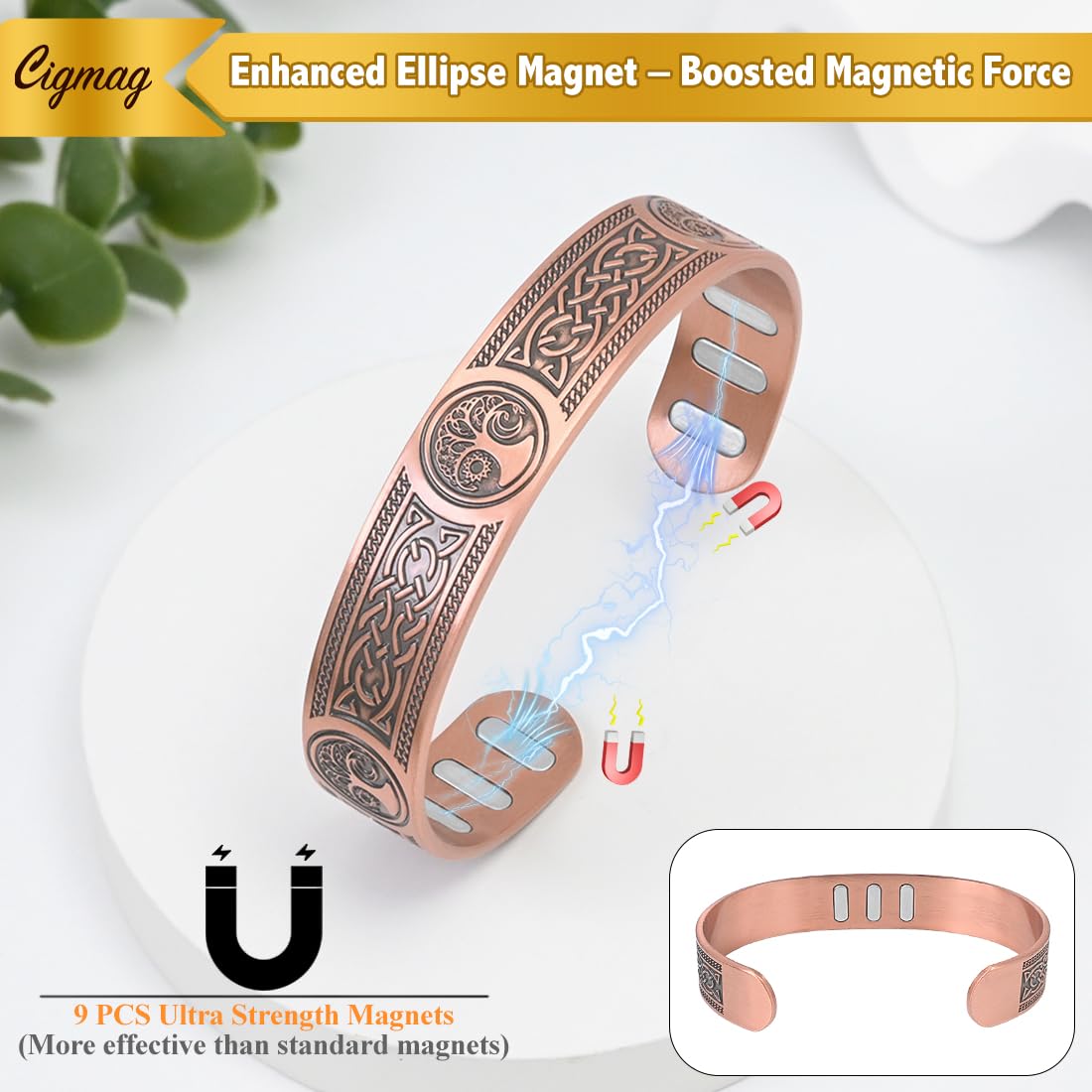 Cigmag Copper Bracelet for Men, with Powerful 9X 5000 Gauss Magnets, Adjustable Solid Pure Copper (Viking Sun Moon Life Tree)
