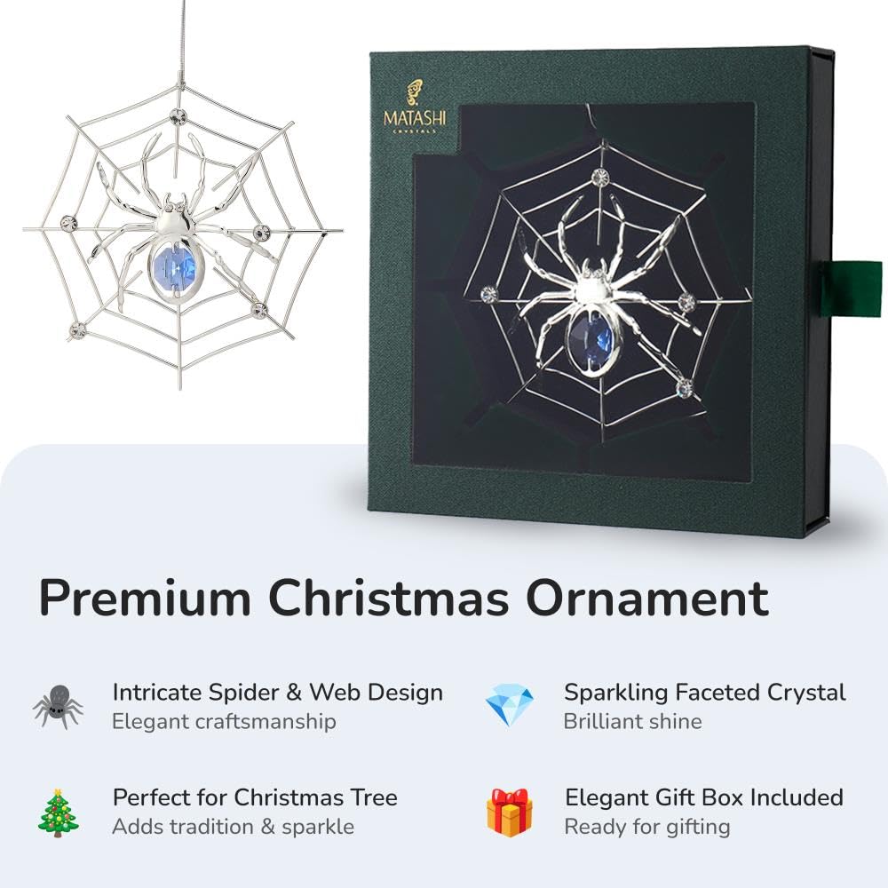 Matashi Silver Plated Christmas Tree Spider Ornament w Blue, Clear Crystals Lucky Hanging Decoration, Holiday Ornament Gift, Unique Spider Decor for Christmas & Halloween Party w Tinsel Legend Story