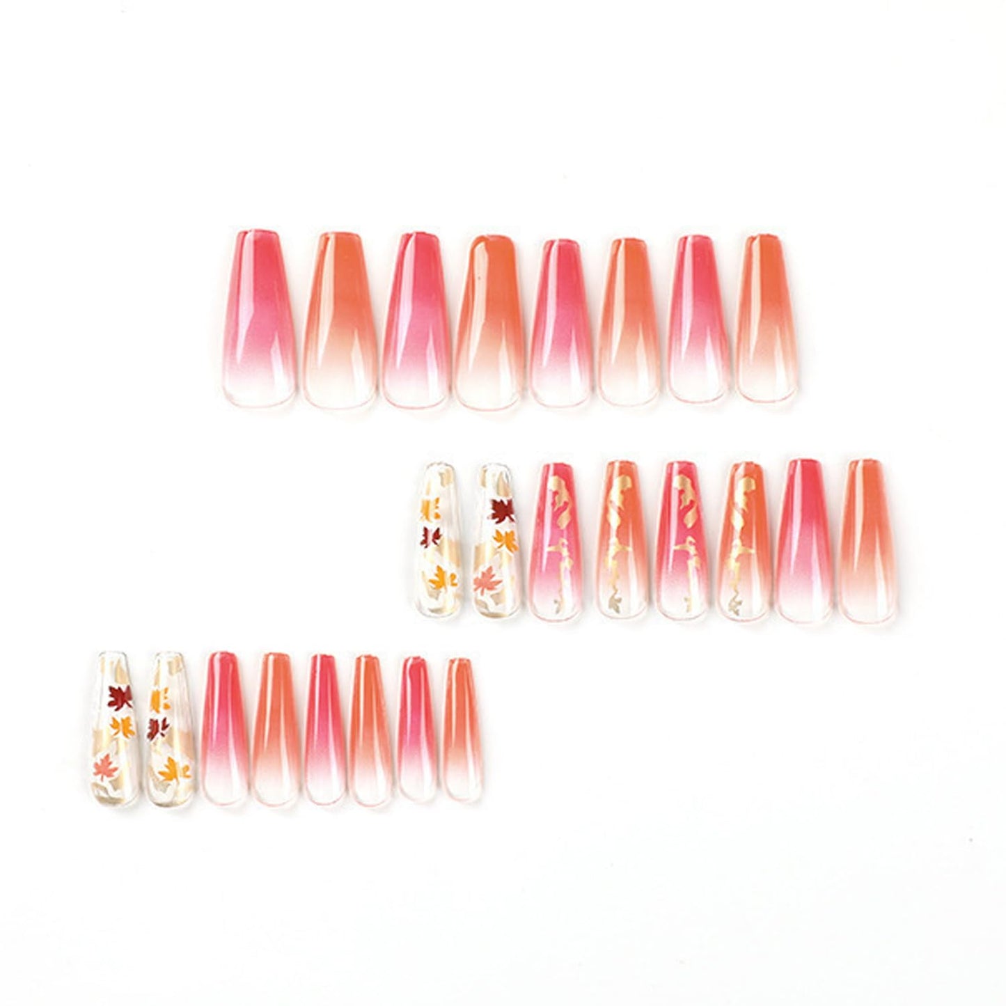 Thanksgiving Press on Nails Long Ballet Shaped Maple Leaf Sequins Design Fall False Nail Full Cover Glossy Gradient Stick on Nail Acrylic Artificial Fingernails Festival Glue on Nails for Women
