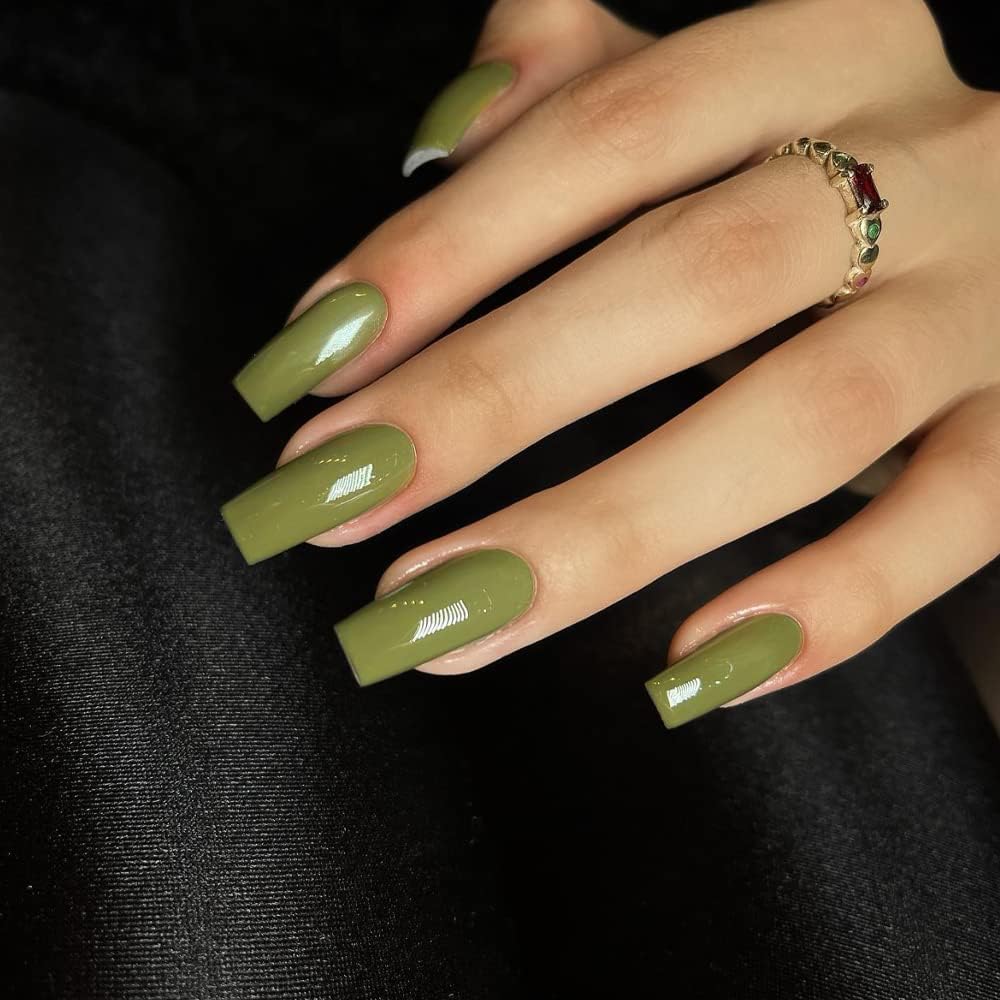 Olive Green Press On Nails Medium Long Square, Xcreando Medium Coffin Nails Acrylic Nails Press ons Glue on Nails Medium Length, Solid Color Fake Nails for Women, Natural Artificial Nails Stick on