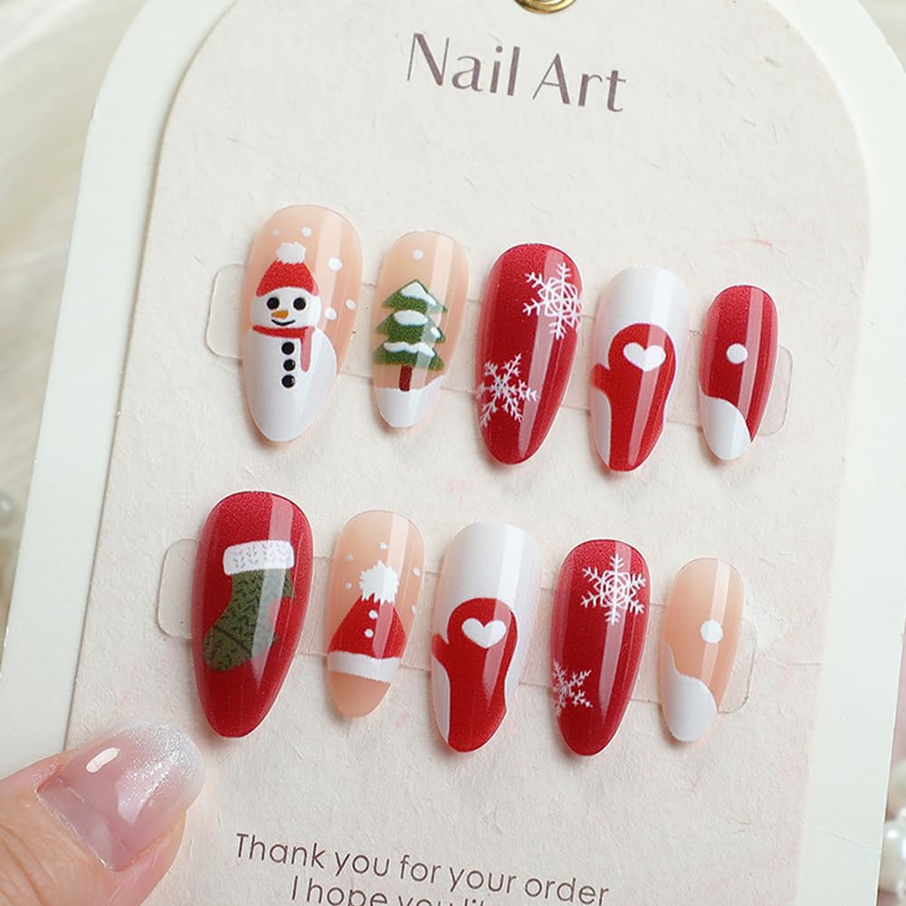 Christmas Press On Nails - Almond Shaped Press On Nails Medium Fake Nails With Snowman Snowflake Socks Heart Designs Acrylic Artificial Glue On False Nail Press Ons Stick On Nails For Women
