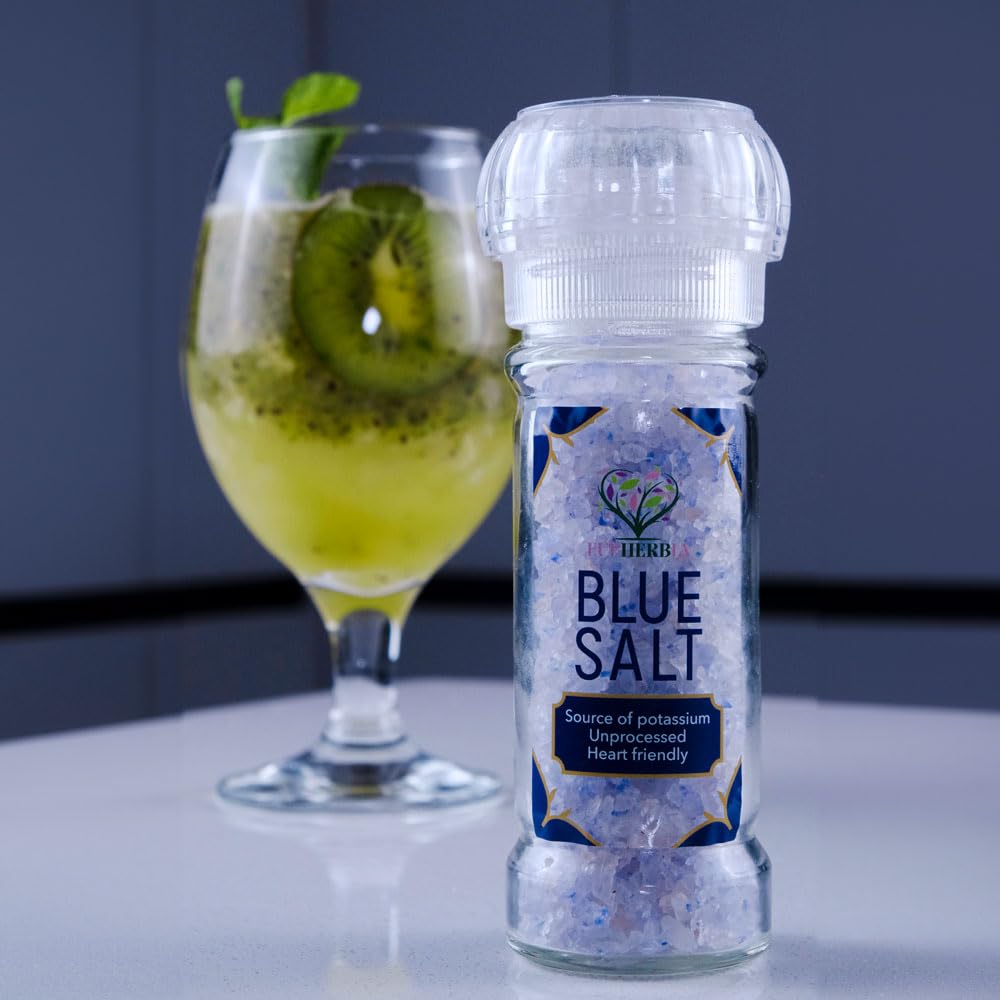EUPHERBIA Blue Salt, Coarse, Rare Mineral Salt, High Potassium, Lower Sodium, Natural, Unprocessed, Hand Harvested, Kosher Certified (100g with Grinder)