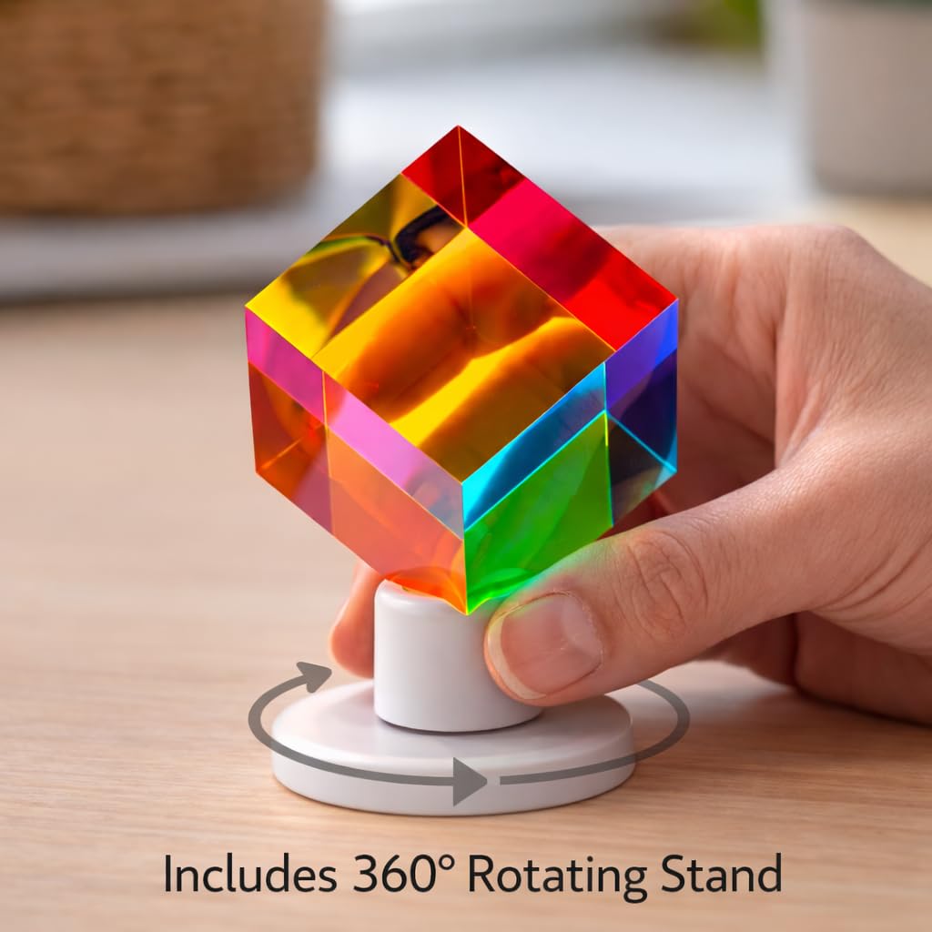 Twiddler Toys Color Mixing Cube with Display Stand – 2 Inch (50mm) Cyan, Yellow, & Magenta Acrylic Prism Optical Physics Desk Decor – Satisfying Silent Fidget Toy