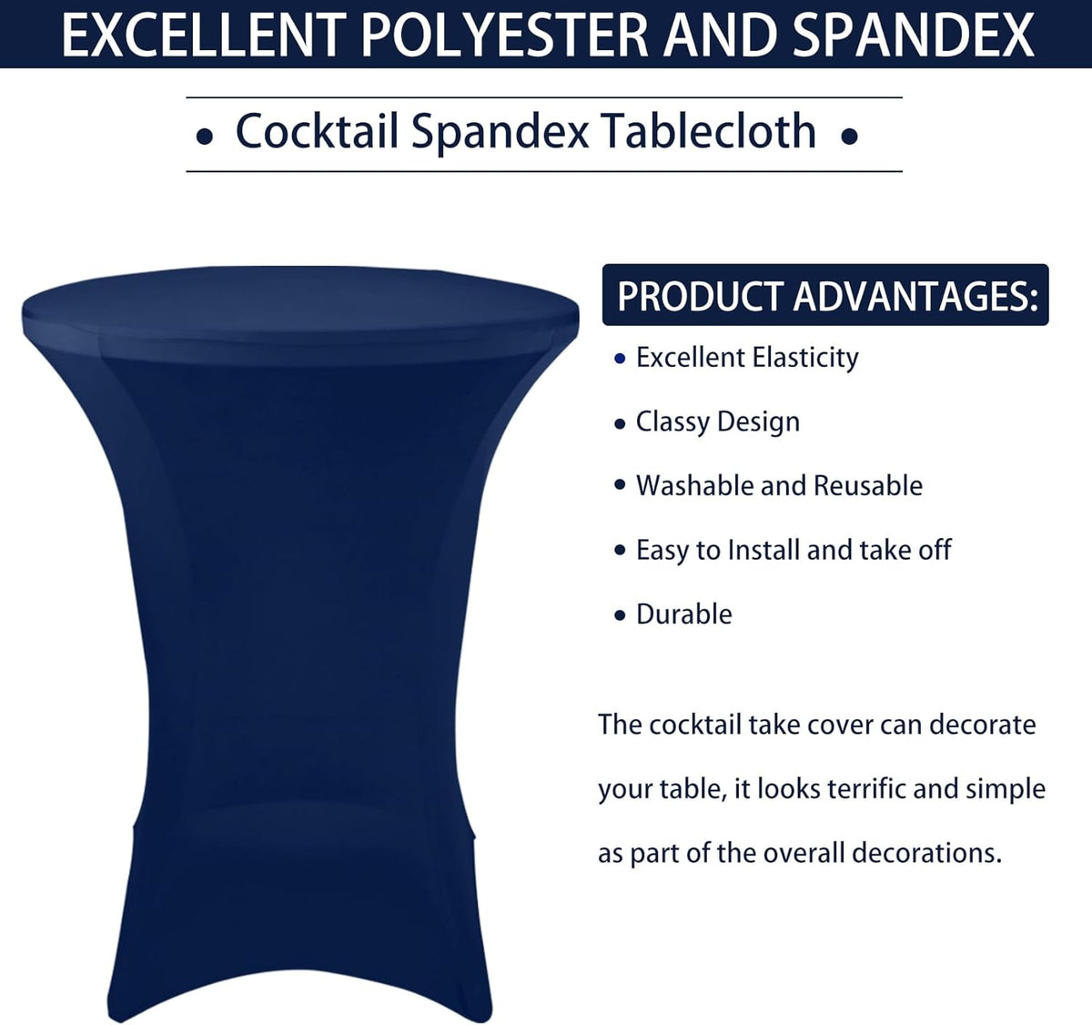 4 Pack Cocktail Spandex Tablecloth 32"x43" Cocktail Table Cover Fitted High Top Round Table for Bar Wedding Birthday Party Banquet (Navy Blue)