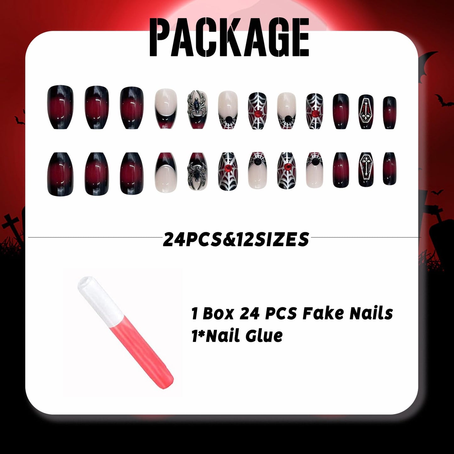 IMSOHOT Halloween Medium Coffin Press on Nails, Black Red Ombre with 3D Spider Glossy Acrylic Nails, 24PCS