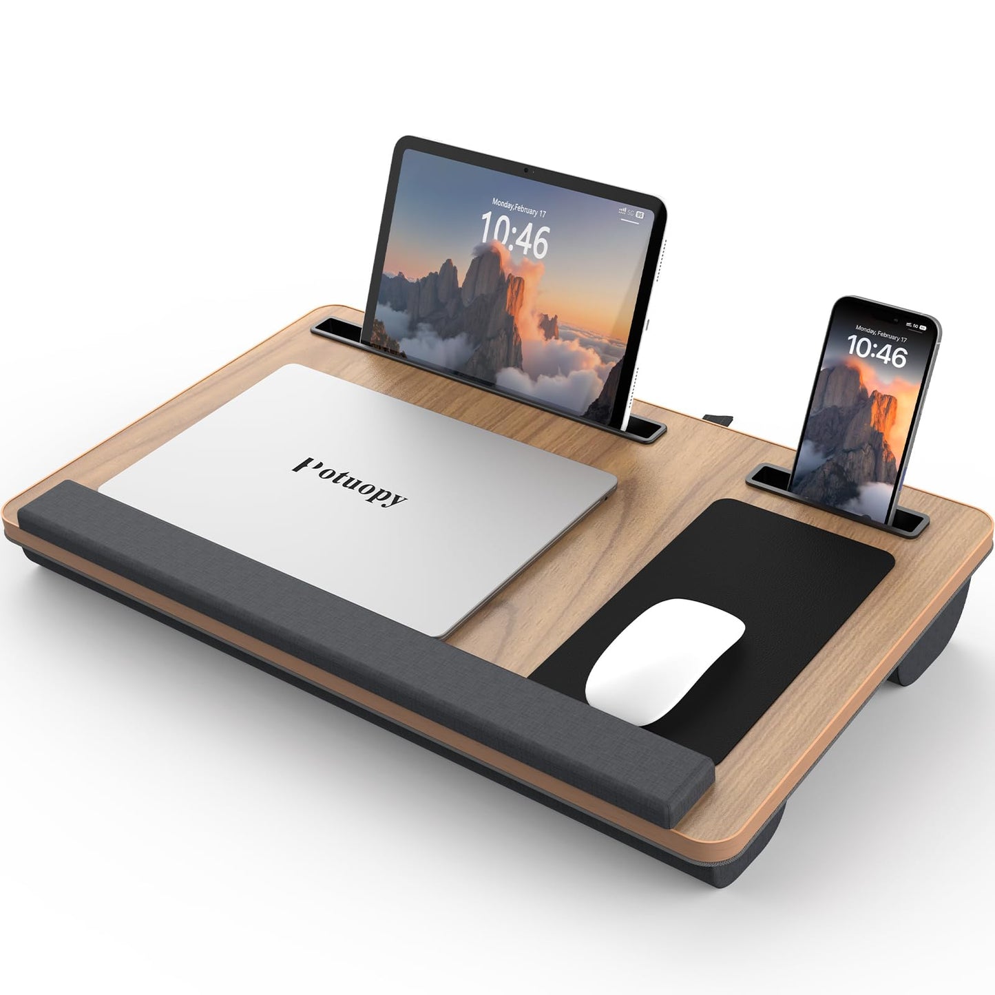 Potuopy Lap Desk - Up to 17” Laptop Tray with Wrist Rest, Portable Handle, Fixed Mouse Pad, Tablet & Phone Slots, Laptop Stand for Bed with Cushion (Dark Brown Woodgrain)