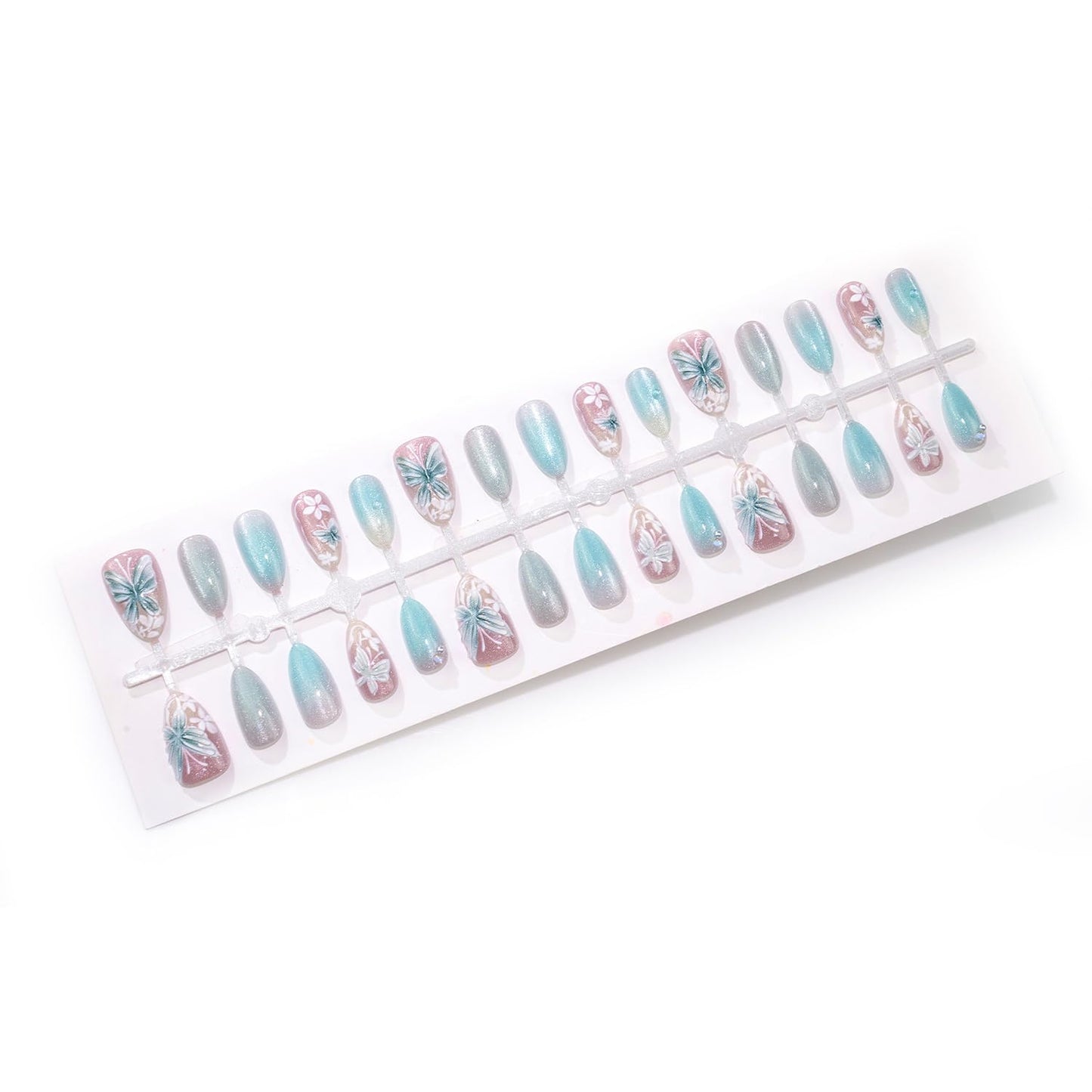 Glitter Press On Nails Medium Almond Fake Nails Press Ons With Butterfly Design Light Blue Acrylic Nails White Flower Pearl False Nails Glue On Nails For Women
