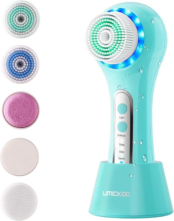 Face Scrubber Exfoliator,Facial Cleansing Brushes Rechargeable IPX7 Waterproof with 5 Brush Heads,Electric Face Spin Brush for Exfoliating, Massaging and Deep Cleansing (Blue+White)