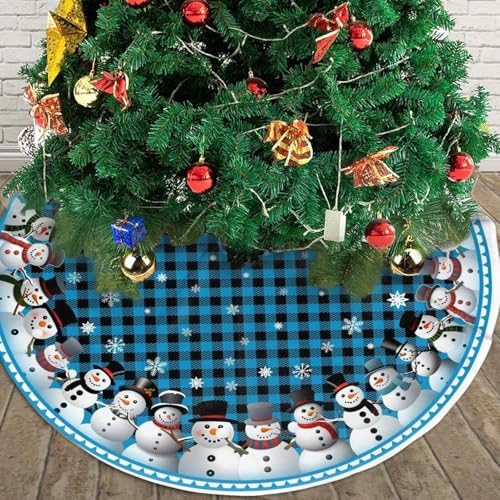 Blue Buffalo Plaid Snowman Christmas Tree Skirts 48", Xmas Tree Cloth Mats Trees Skirts for Decor Gift, Home Decoration