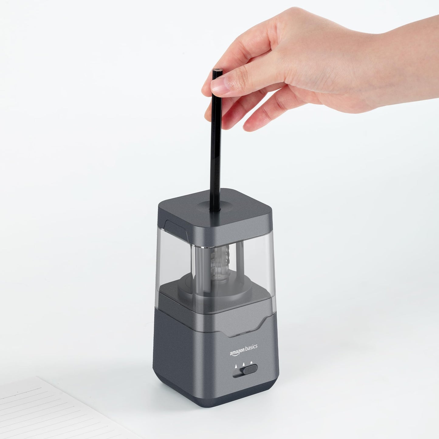 Amazon Basics Portable Electric Pencil Sharpener, Easy to Use, Versatile, Helical Blade, Auto Stop, Battery/USB Cord Operated, Black, 2.87 x 2.87 x 5.3 in