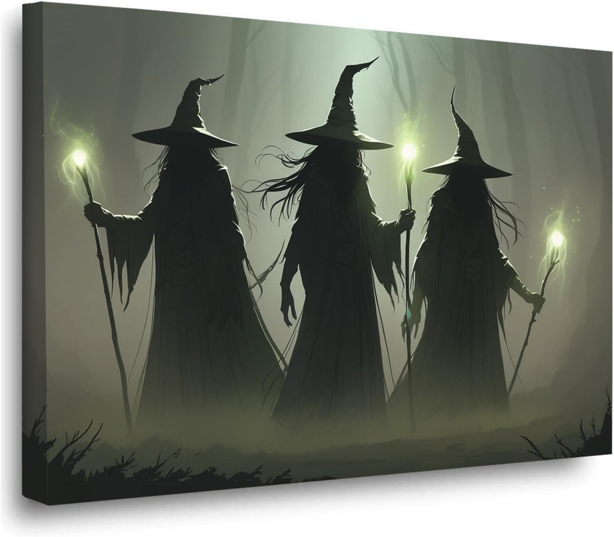 Vintage 3 witches canvas wall decor melancholy dark Halloween poster wall decor holding a staff print Gothic horror Halloween painting print for living room bedroom24x36in Wood Framed