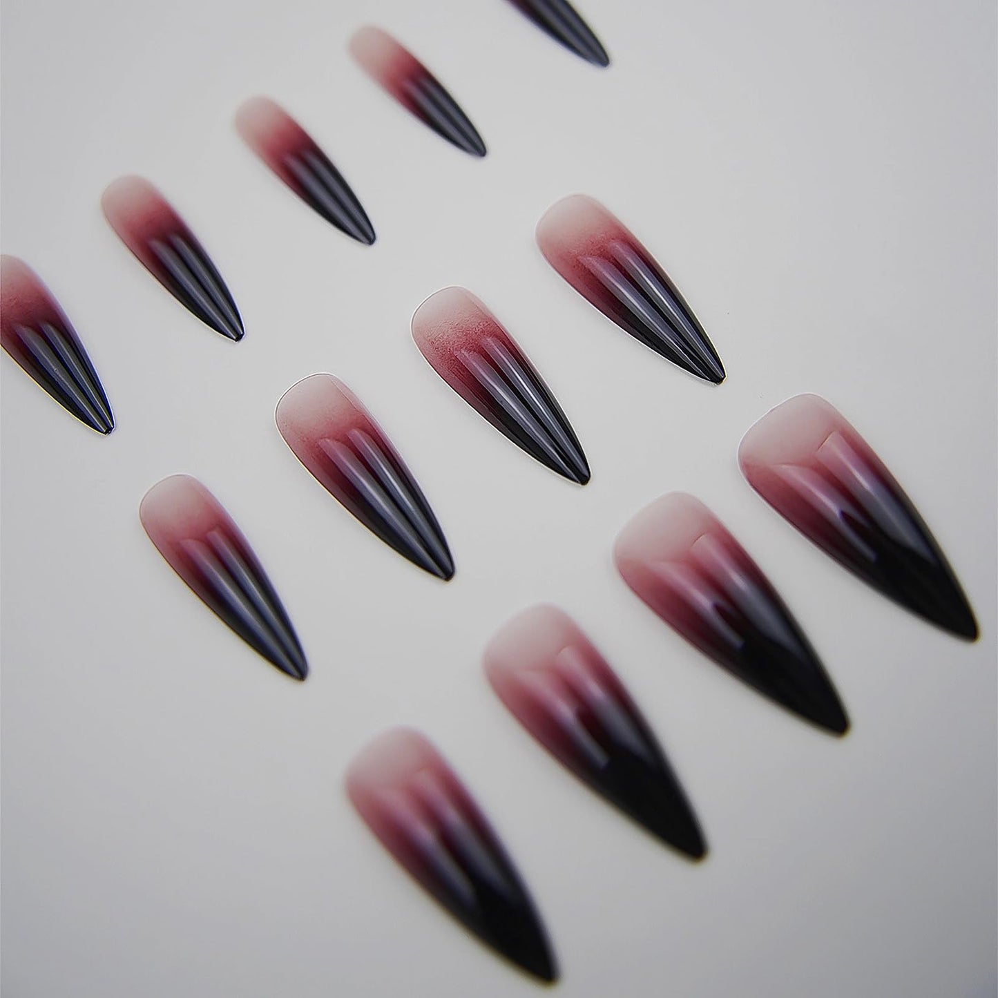 MISUD Press on Nails - Long Stiletto Fake Nails with Goth Red Black, Acrylic Gothic Ombre Design 24 pcs