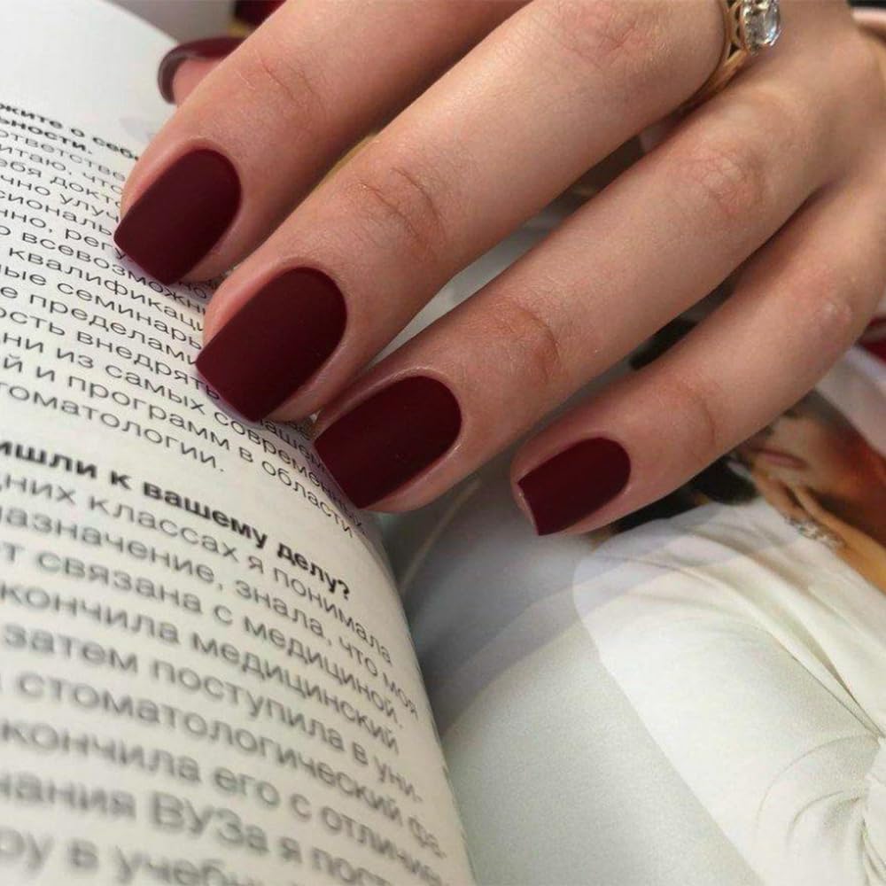 Matte Dark Red Press on Nails - Short Square, Glue on Nails - Soft Gel, Thick Reusable Solid Color Acrylic Nails - 24pcs