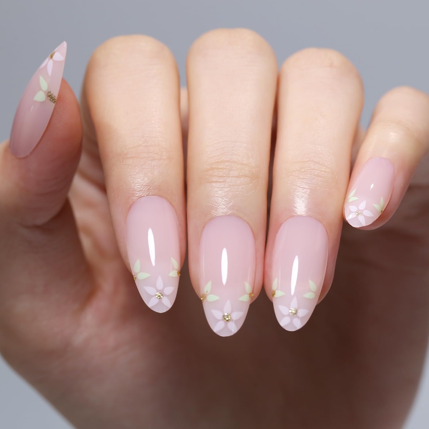 Goolich Baby Pink Press On Nails Medium Almond, Floral Print Nails Press ons Set with Adhesive Tabs, 24 Pcs 12 Size Reusable Full Cover Glue on Nails for Women