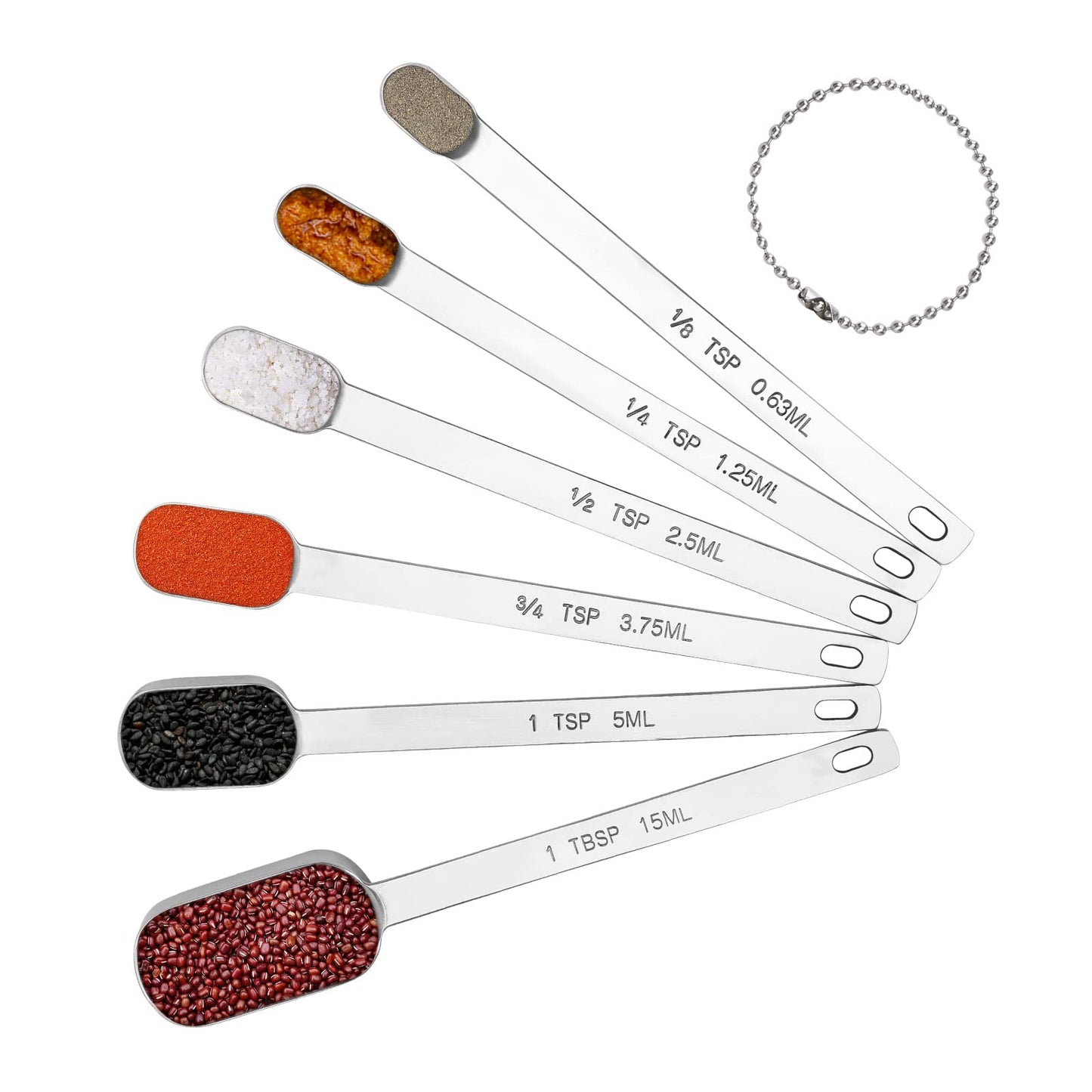 BERYLER Long Handle Measuring Spoons Set of 6, Stainless Steel Measure Teaspoons, Metal Rectangular Bowl Tablespoon