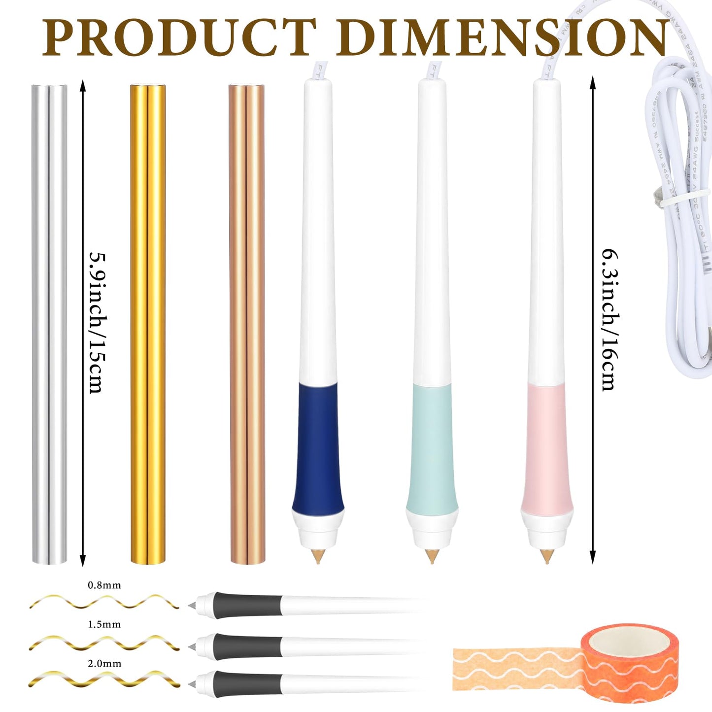 Maitys USB Hot Foil Pen Starter Kit with 3 Tips Gold Silver Copper Foil Rolls & Tape, Fast Heating DIY Foiling Tool for Scrapbooking, Journals, Cards, Planners, Leather Crafts & Gift