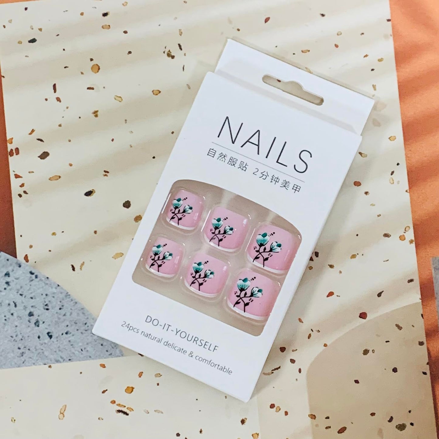 Vezocim Press-on French Toenails with Green Flower Designs, Glossy Acrylic False Nails, 24pcs