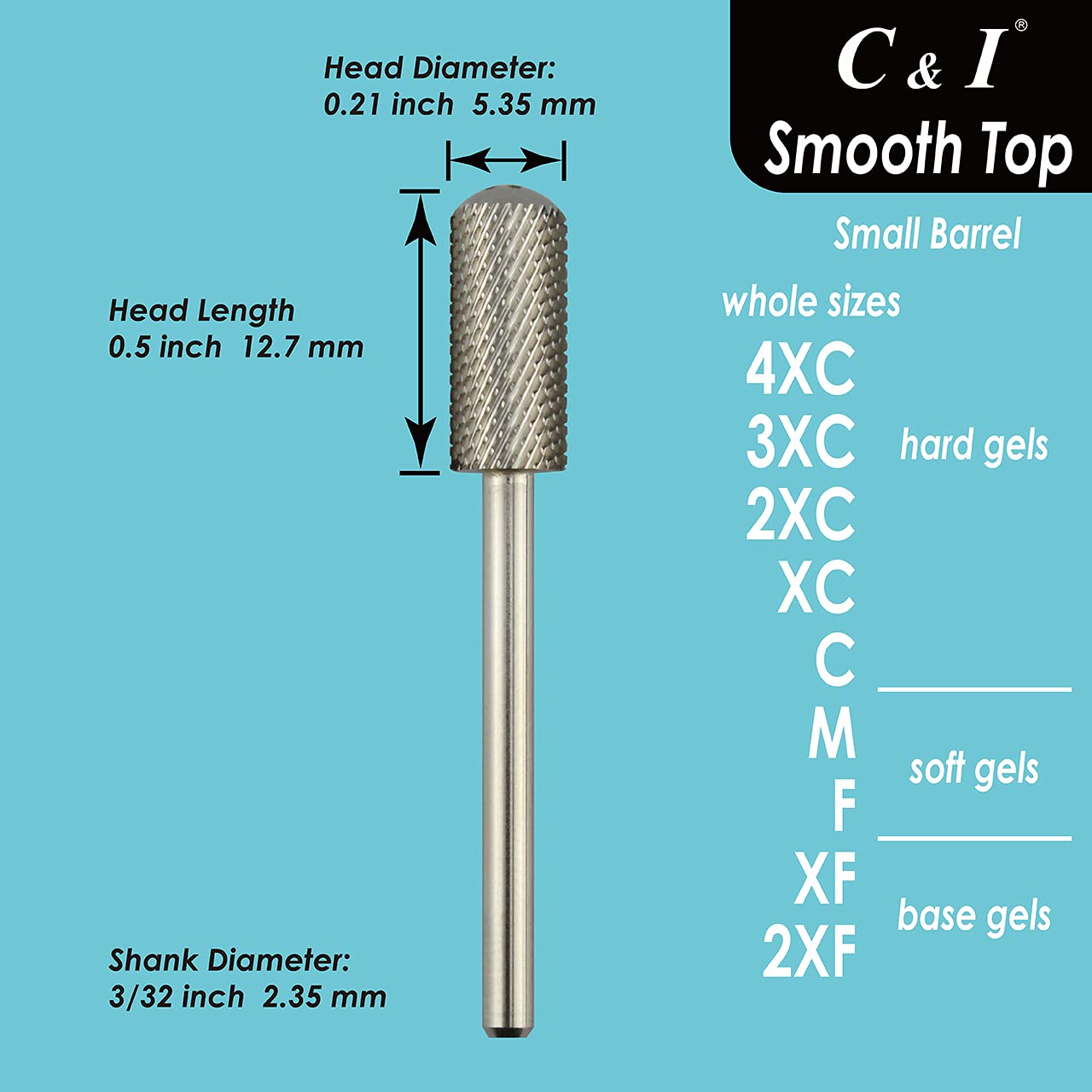 C & I Small Barrel Smooth Top Nail Drill Bit, Safety Round Top, Professional Electric File for Manicure Drill Machine, Remove Nail Gels, Acrylics, 3/32” (Double Coarse - 2XC)