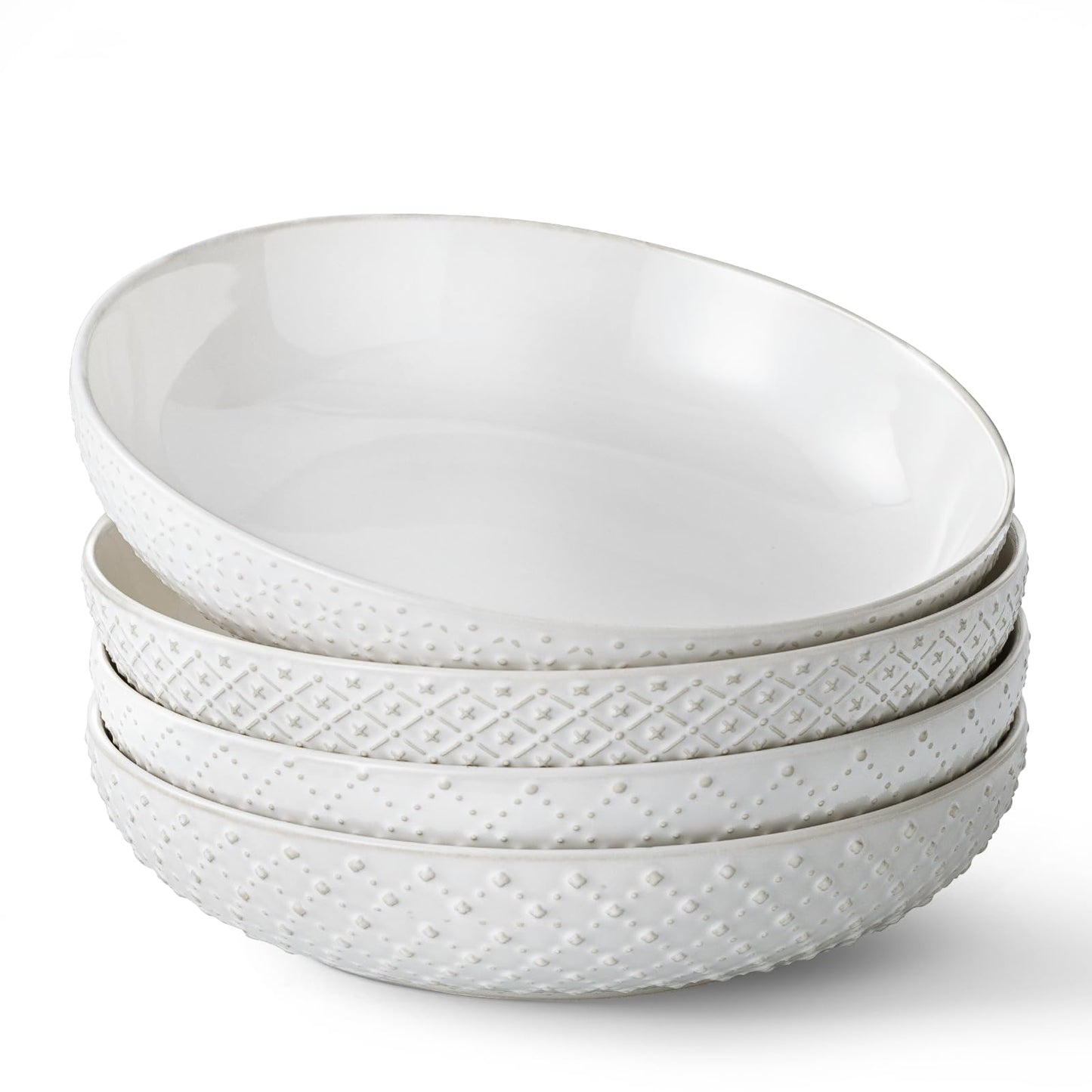 Y YHY 8.5" Pasta Bowls Set of 4, 30 oz Embossed Salad Bowls for Serving Soup, Noodle, Fruit, Dinner, Kitchen Deep Plates, Ceramic Dinnerware Sets, Soft White Dishes for Thanksgiving Day Gifts