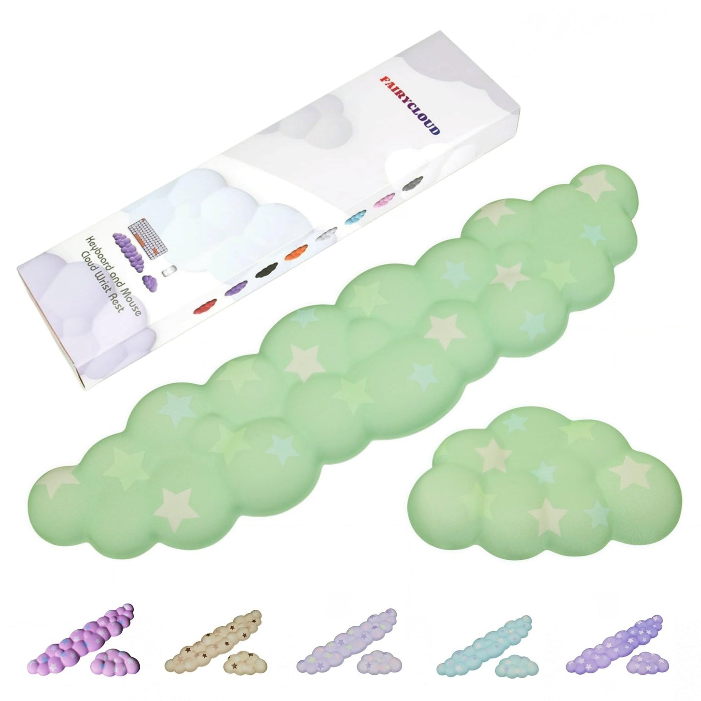 LJYZMD Cloud Wrist Rest Set for Keyboard and Mouse, Includes Cute Coaster, with Computers and Laptops (Green Colorful Star Set)