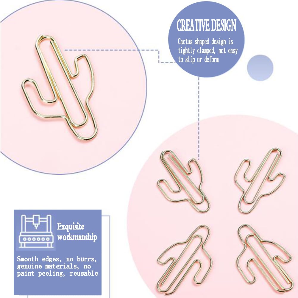 Hdtyyln 60Pcs Paper Clips, Funny Cute Cactus Shaped Paperclips Bookmarks, Decorative Small Gold Paper Clip, Metal Planner Clips for Paperwork Office School and Home Document Organization Supplies