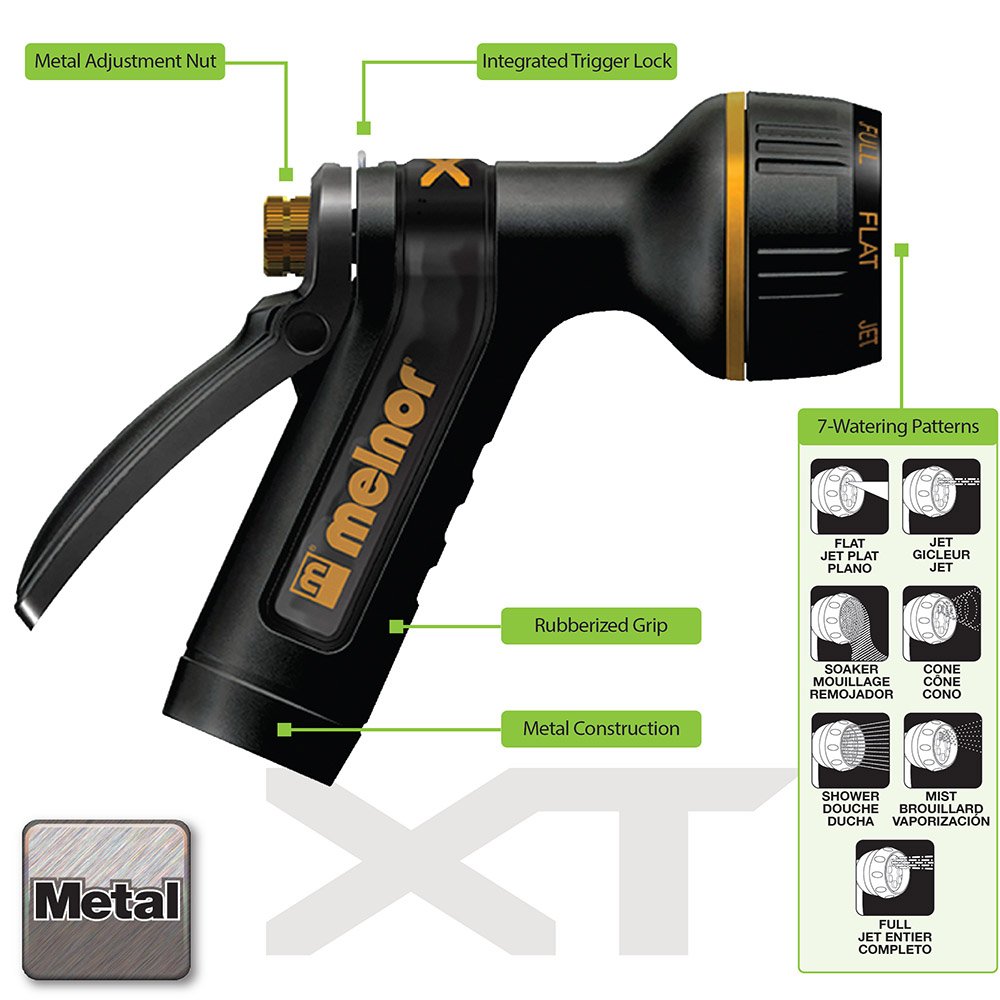 Melnor 995037 Rear Trigger 7 Watering Patterns XT Metal Garden Hose Nozzle, Basic