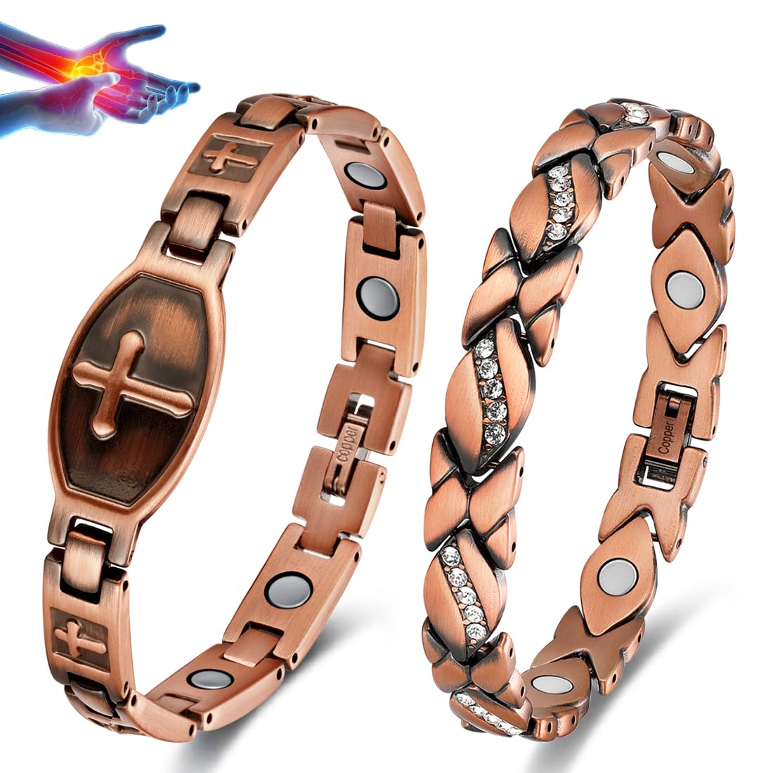 Vicmag 2PCS Copper Magnetic Bracelets for Women 100% Solid Pure Copper Bracelets with Gift Box & Adjust Tool