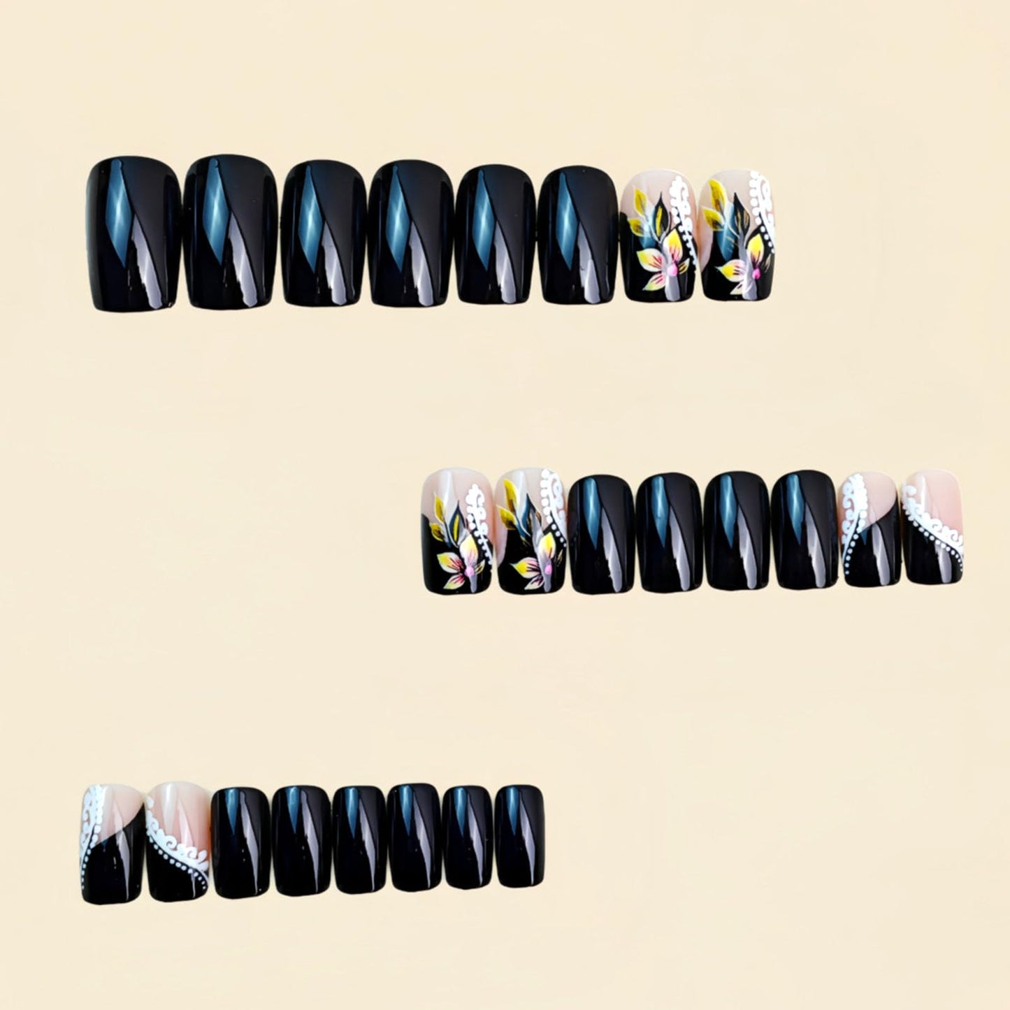 Medium Press on Nails Square Fake Nails with Yellow Flower White Lines Dot Designs Glossy Nails Press ons Black Full Cover Glue on Nails Cute Acrylic Nails Artificial Stick on Nails for Women 24Pcs