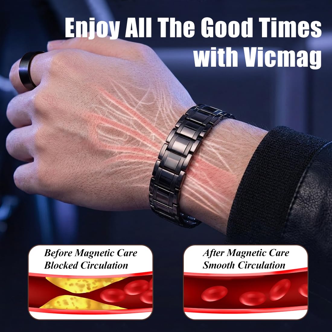 Vicmag Copper Magnetic Bracelet for Men, 3X Strength Magnets, Pure Copper Bracelet & 9X Magnet Ring Set, Adjustable Fit with Sizing Tool(Classic Black)