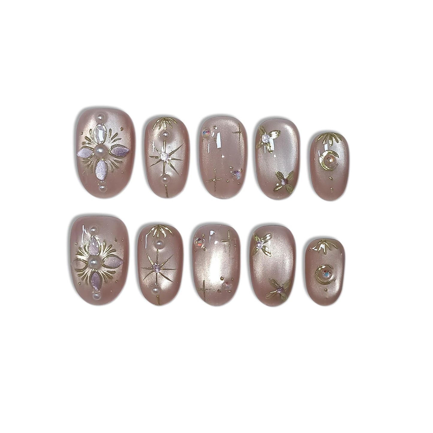 TENPAL Handmade Press on Nails Short Oval - Pink Cat Eye Glitter Sheer Nude Hand Painted Floral False Nails for Women - Glossy Acrylic Stick on Nails with Designs(M)