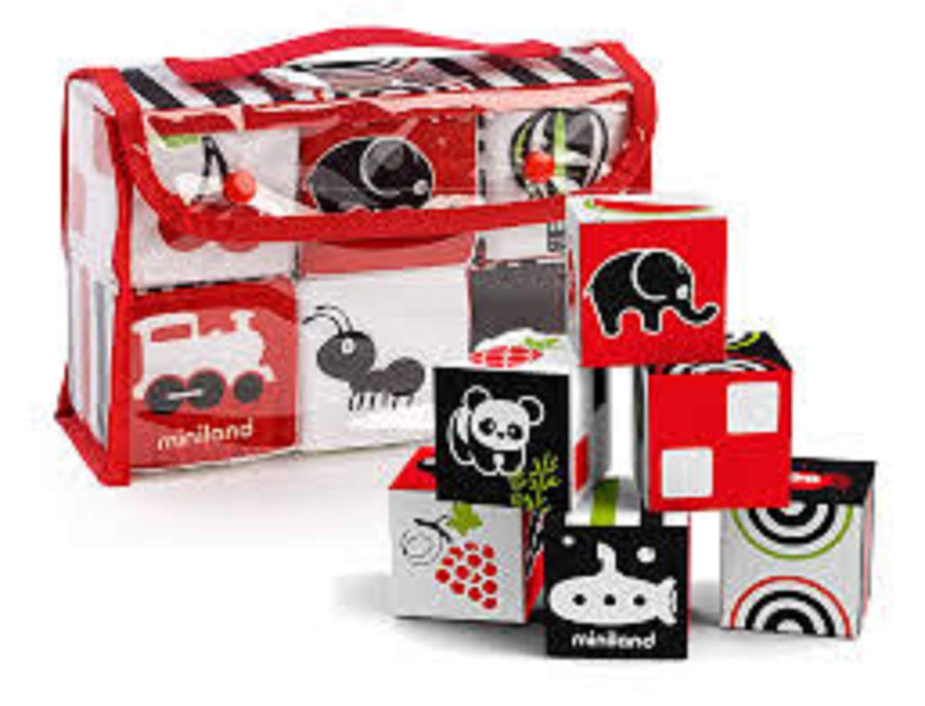 Miniland First Senses 6 Cubes, Soft Baby Building Cloth Fabric Blocks , Infants 9 Months to 18 Months, Toddlers Stack, Build, Sort, Safe Travel Toy, Patterns and Pictures, Carry Case Included